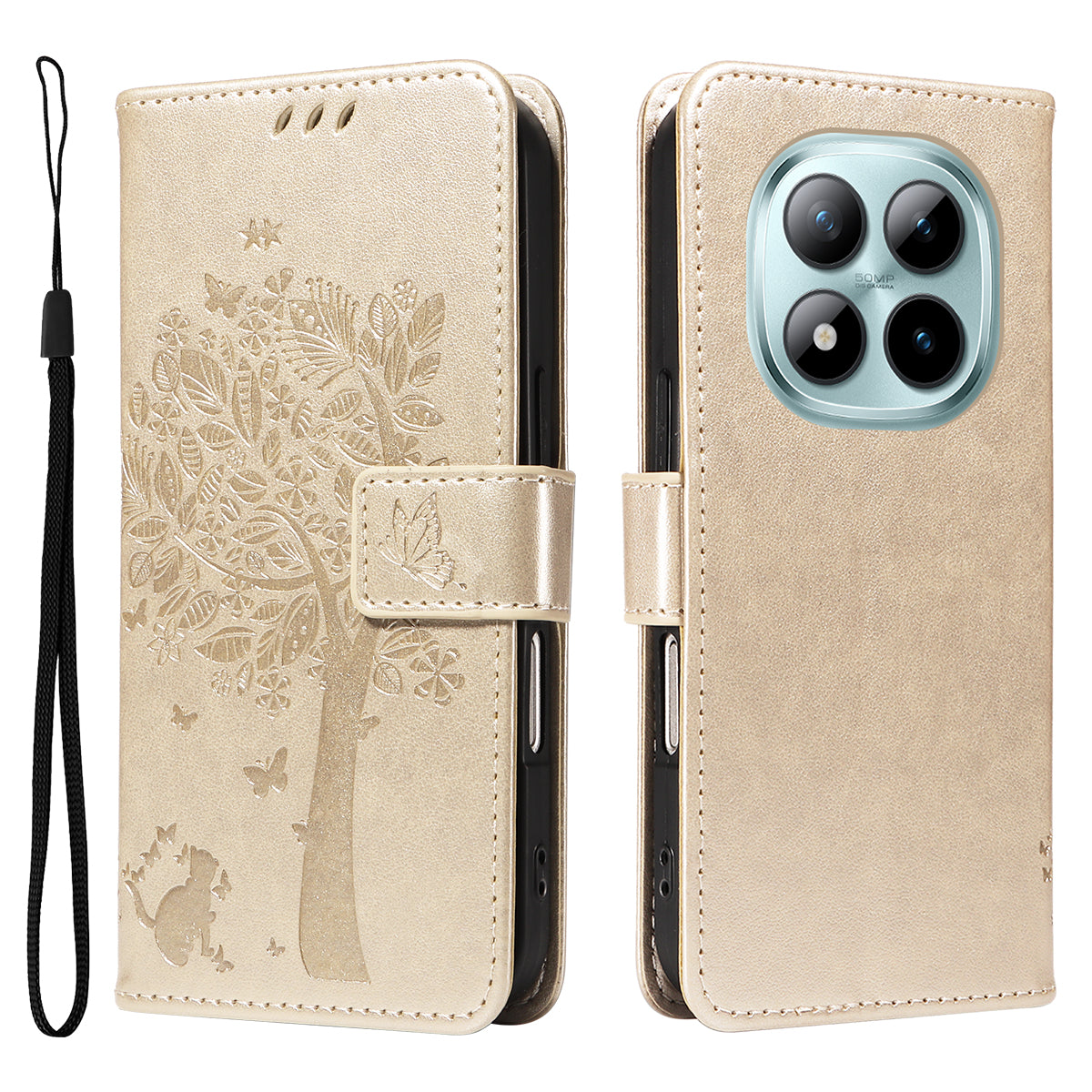 For Xiaomi Poco M8 Pro 5G / Redmi Note 15 Pro+ 5G (Global) Phone Case with Stand Cat Tree Pattern Leather Wallet Mobile Cover - Gold