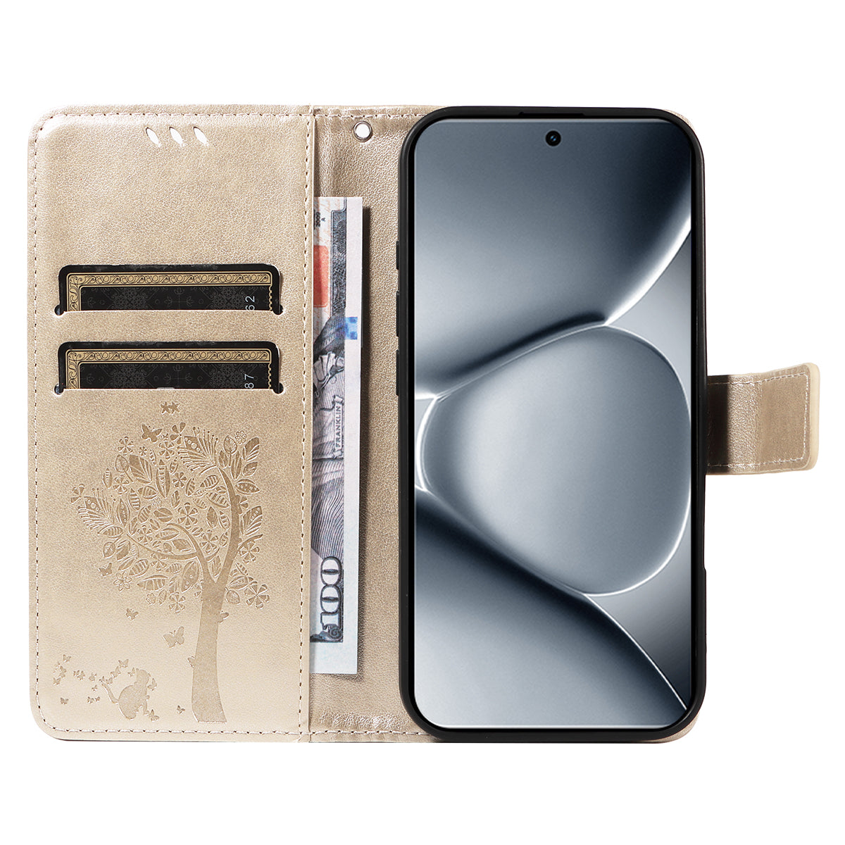 For Xiaomi Poco M8 Pro 5G / Redmi Note 15 Pro+ 5G (Global) Phone Case with Stand Cat Tree Pattern Leather Wallet Mobile Cover - Gold