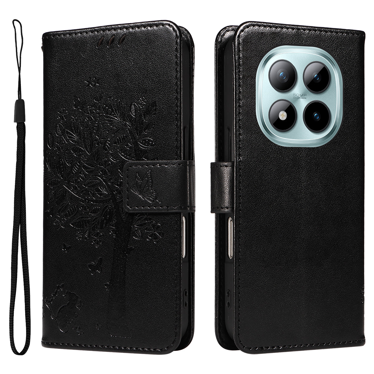 For Xiaomi Poco M8 Pro 5G / Redmi Note 15 Pro+ 5G (Global) Phone Case with Stand Cat Tree Pattern Leather Wallet Mobile Cover -  Black