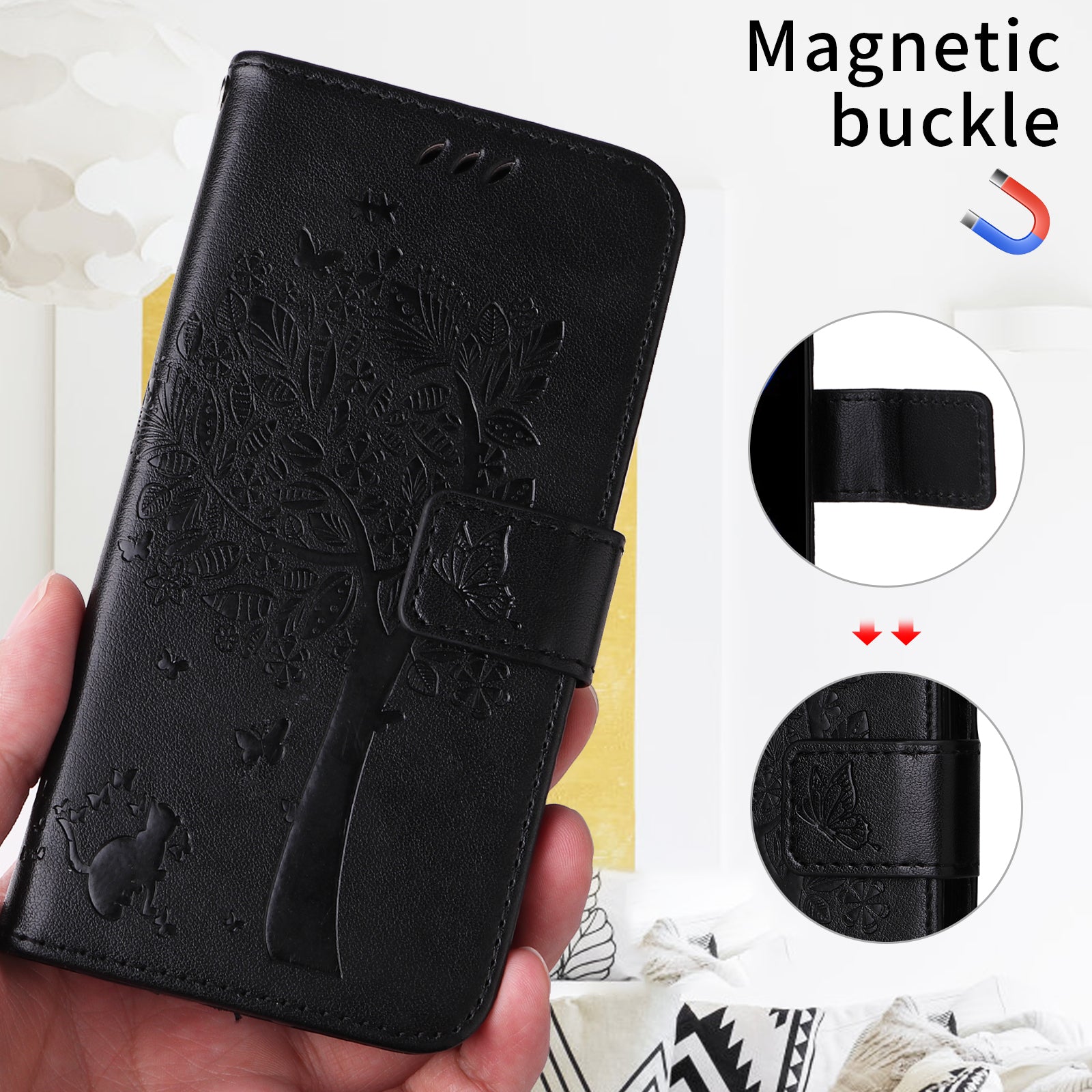 For Xiaomi Poco M8 Pro 5G / Redmi Note 15 Pro+ 5G (Global) Phone Case with Stand Cat Tree Pattern Leather Wallet Mobile Cover -  Black