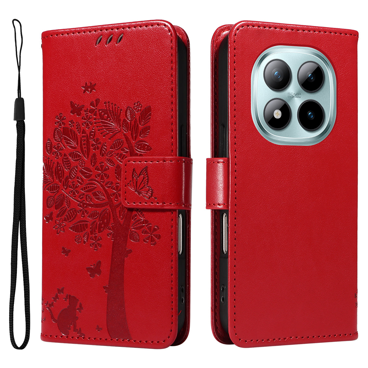 For Xiaomi Poco M8 Pro 5G / Redmi Note 15 Pro+ 5G (Global) Phone Case with Stand Cat Tree Pattern Leather Wallet Mobile Cover - Red