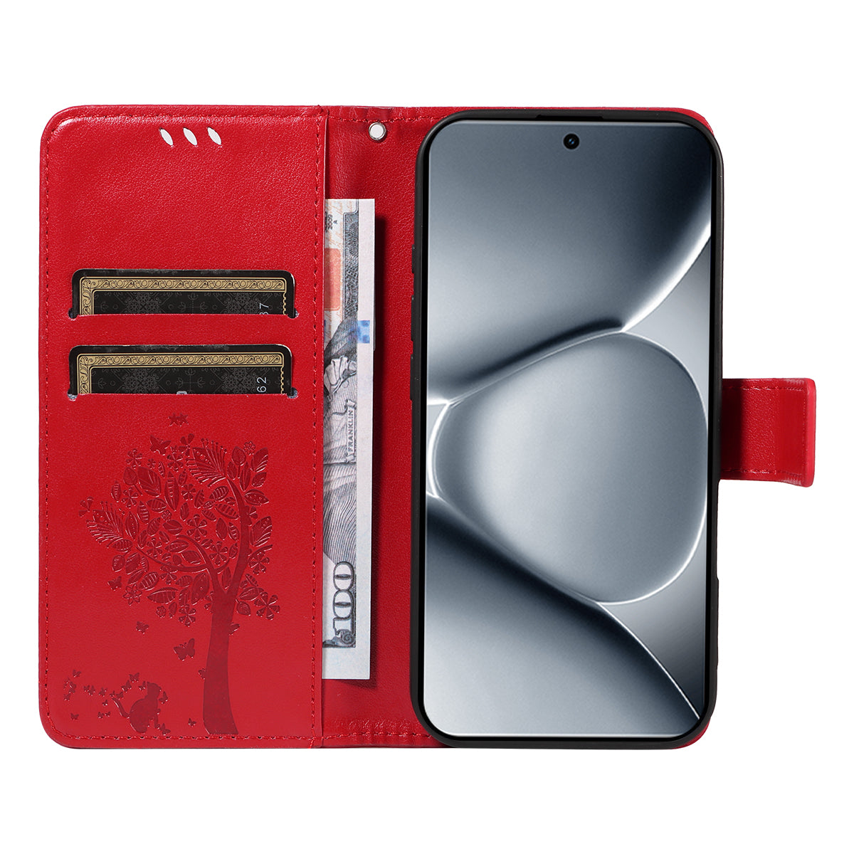 For Xiaomi Poco M8 Pro 5G / Redmi Note 15 Pro+ 5G (Global) Phone Case with Stand Cat Tree Pattern Leather Wallet Mobile Cover - Red