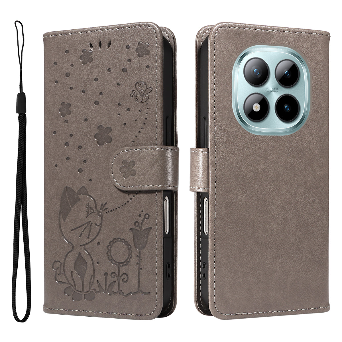 For Xiaomi Poco M8 Pro 5G / Redmi Note 15 Pro+ 5G (Global) Leather Wallet Case Cat Bee Pattern Phone Cover Stand - Grey