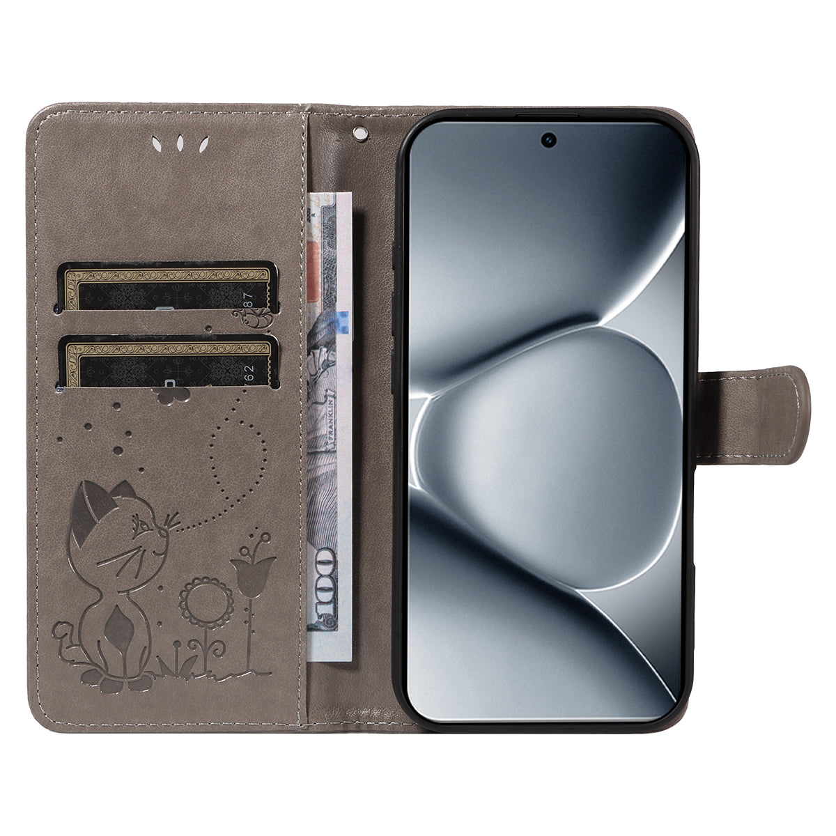For Xiaomi Poco M8 Pro 5G / Redmi Note 15 Pro+ 5G (Global) Leather Wallet Case Cat Bee Pattern Phone Cover Stand - Grey