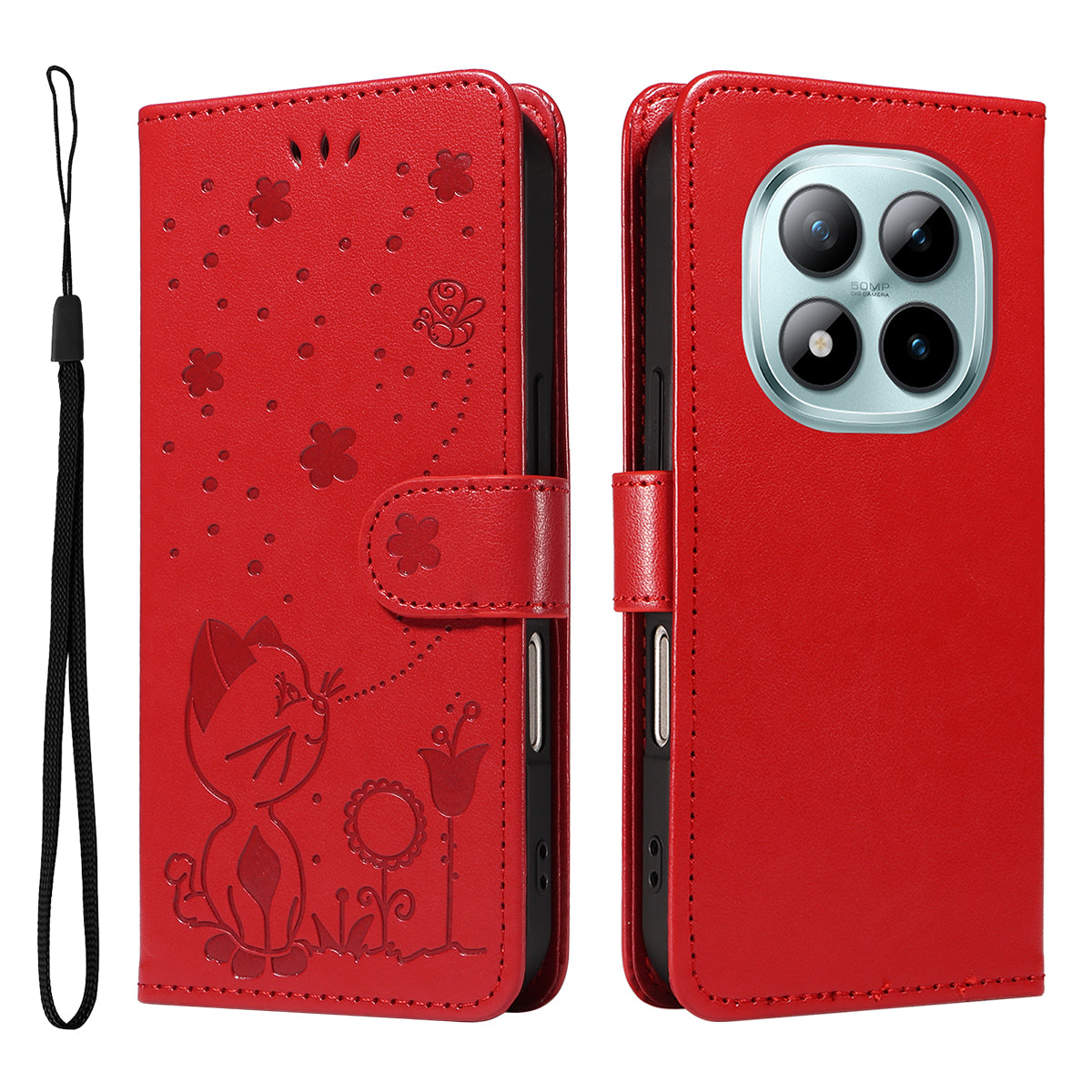 For Xiaomi Poco M8 Pro 5G / Redmi Note 15 Pro+ 5G (Global) Leather Wallet Case Cat Bee Pattern Phone Cover Stand - Red
