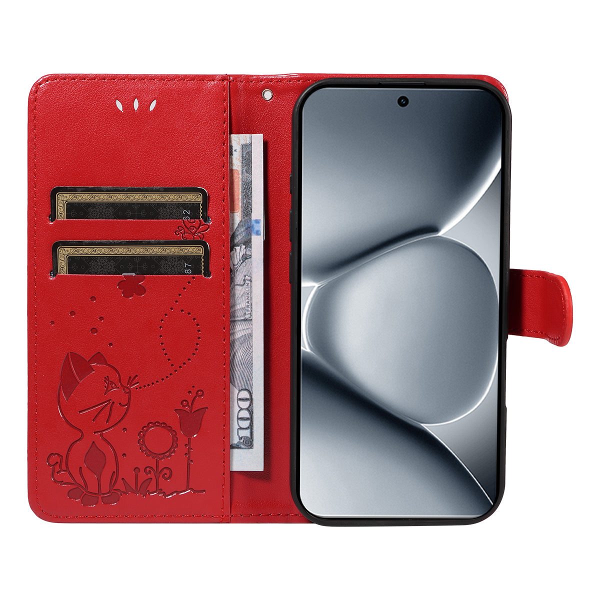 For Xiaomi Poco M8 Pro 5G / Redmi Note 15 Pro+ 5G (Global) Leather Wallet Case Cat Bee Pattern Phone Cover Stand - Red