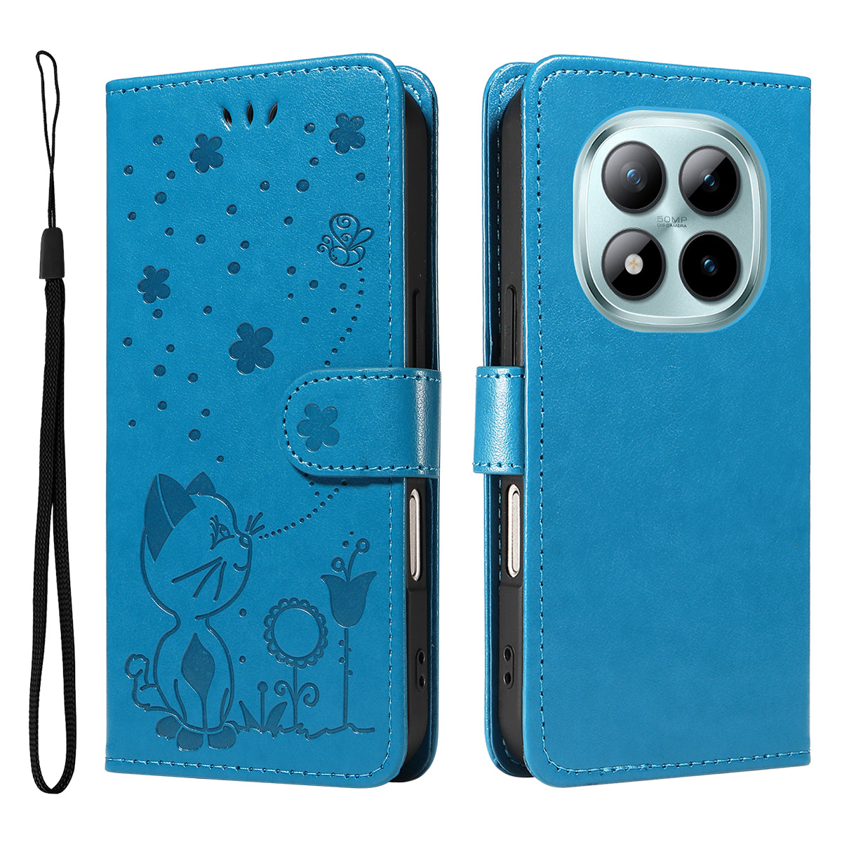 For Xiaomi Poco M8 Pro 5G / Redmi Note 15 Pro+ 5G (Global) Leather Wallet Case Cat Bee Pattern Phone Cover Stand - Blue