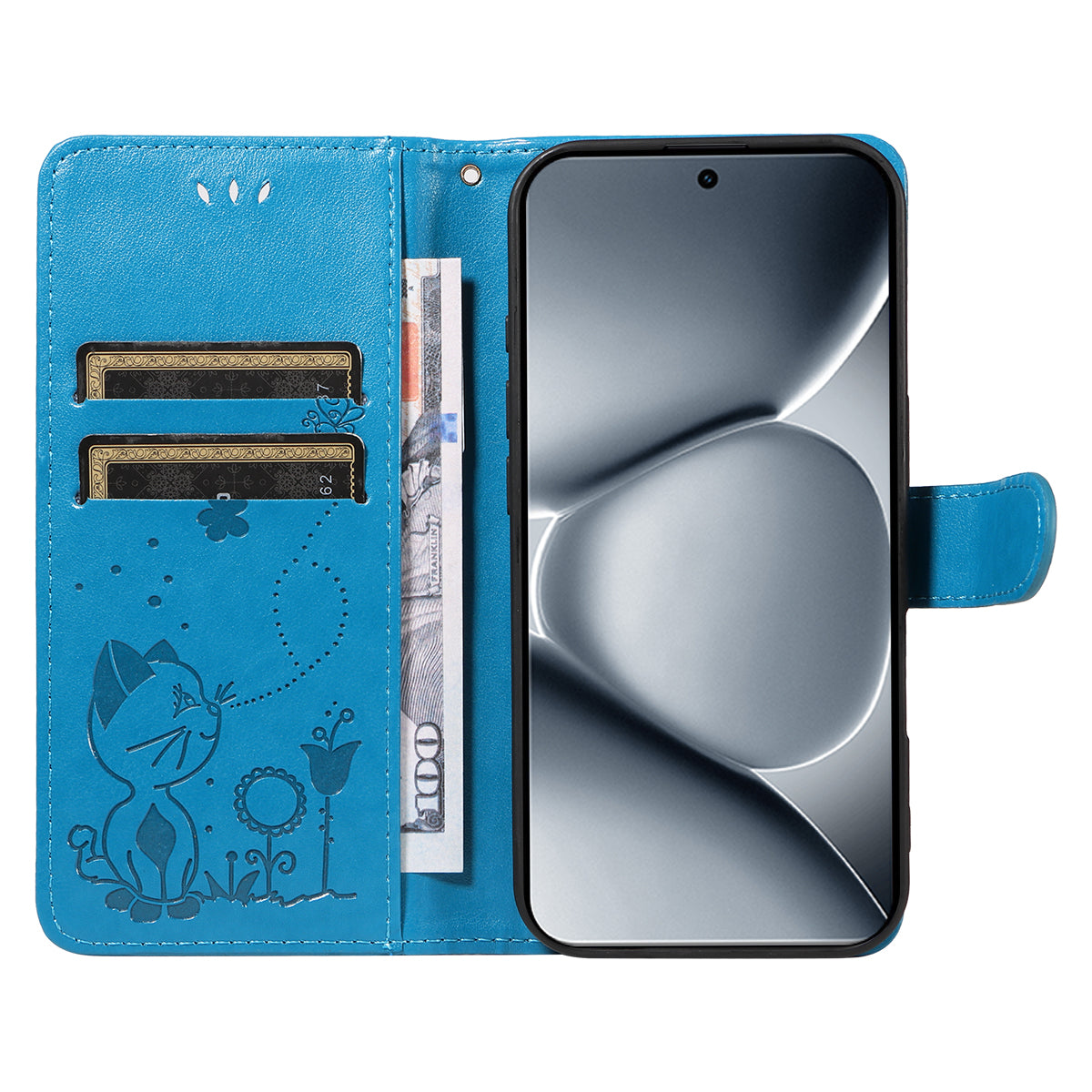For Xiaomi Poco M8 Pro 5G / Redmi Note 15 Pro+ 5G (Global) Leather Wallet Case Cat Bee Pattern Phone Cover Stand - Blue