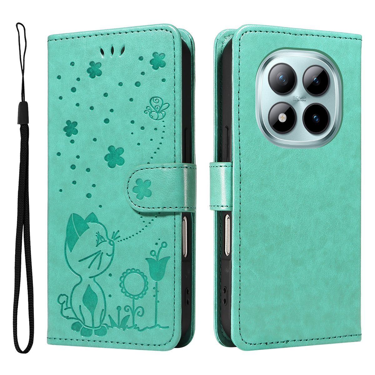 For Xiaomi Poco M8 Pro 5G / Redmi Note 15 Pro+ 5G (Global) Leather Wallet Case Cat Bee Pattern Phone Cover Stand - Green