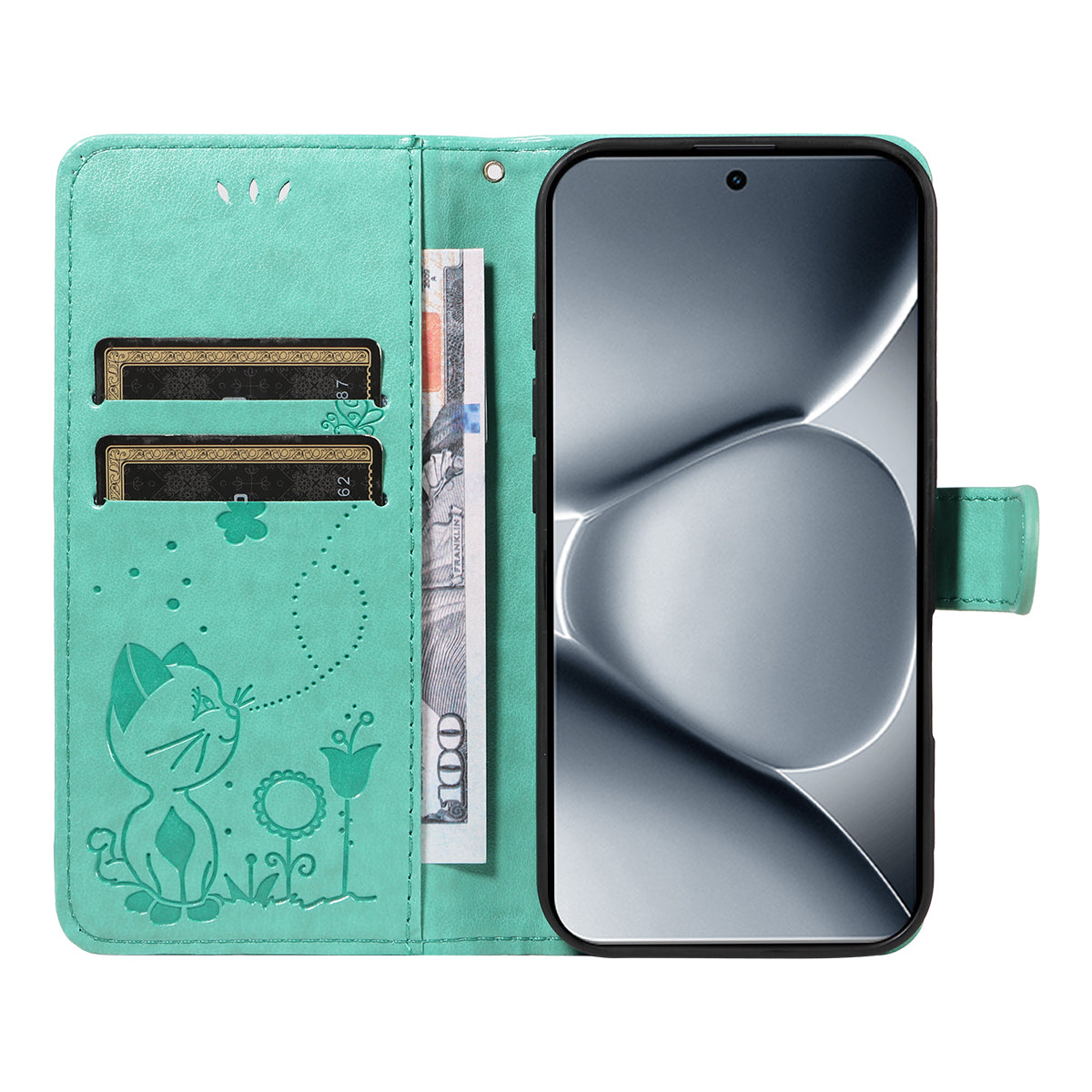 For Xiaomi Poco M8 Pro 5G / Redmi Note 15 Pro+ 5G (Global) Leather Wallet Case Cat Bee Pattern Phone Cover Stand - Green