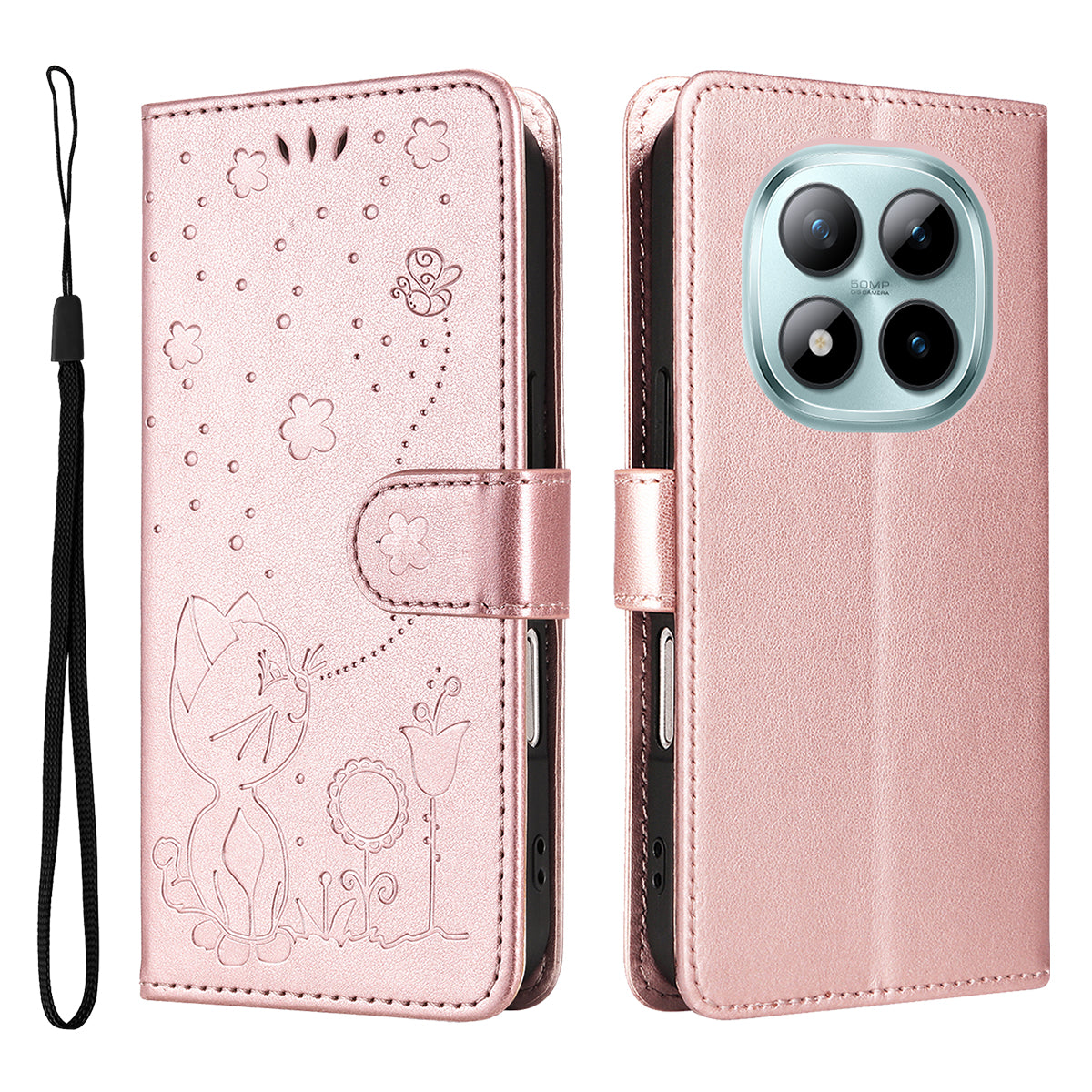 For Xiaomi Poco M8 Pro 5G / Redmi Note 15 Pro+ 5G (Global) Leather Wallet Case Cat Bee Pattern Phone Cover Stand - Rose Gold