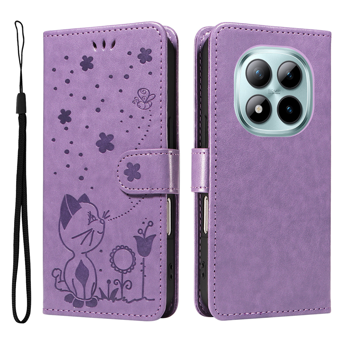 For Xiaomi Poco M8 Pro 5G / Redmi Note 15 Pro+ 5G (Global) Leather Wallet Case Cat Bee Pattern Phone Cover Stand - Purple