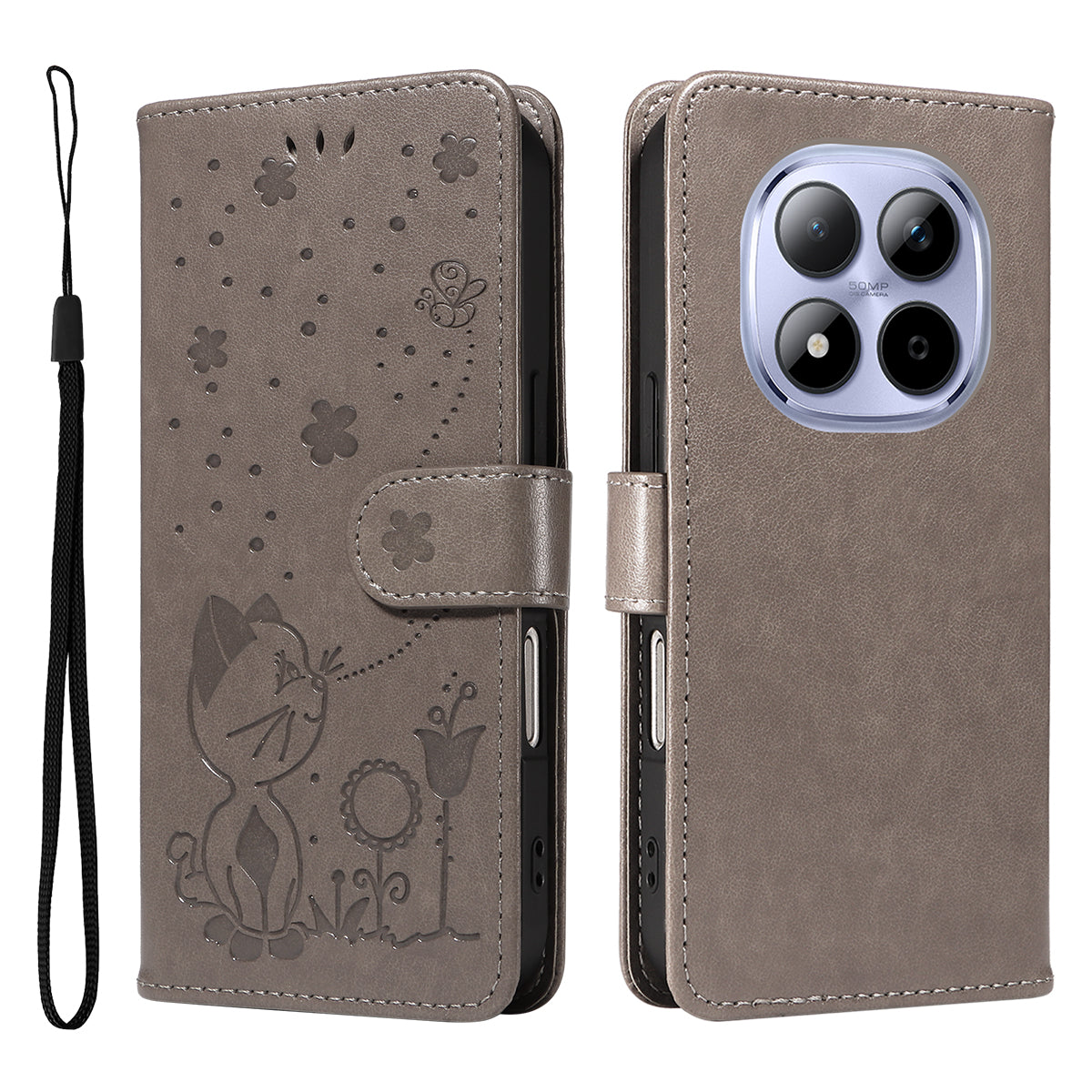 For Xiaomi Redmi Note 15 Pro 5G (Global) Leather Wallet Case Cat Bee Pattern Phone Cover Stand - Grey