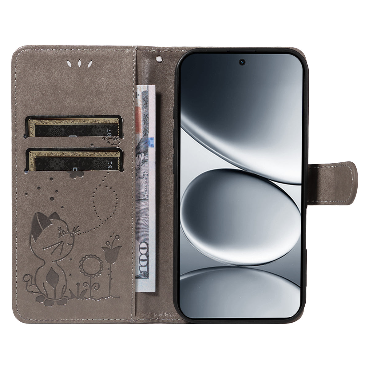 For Xiaomi Redmi Note 15 Pro 5G (Global) Leather Wallet Case Cat Bee Pattern Phone Cover Stand - Grey