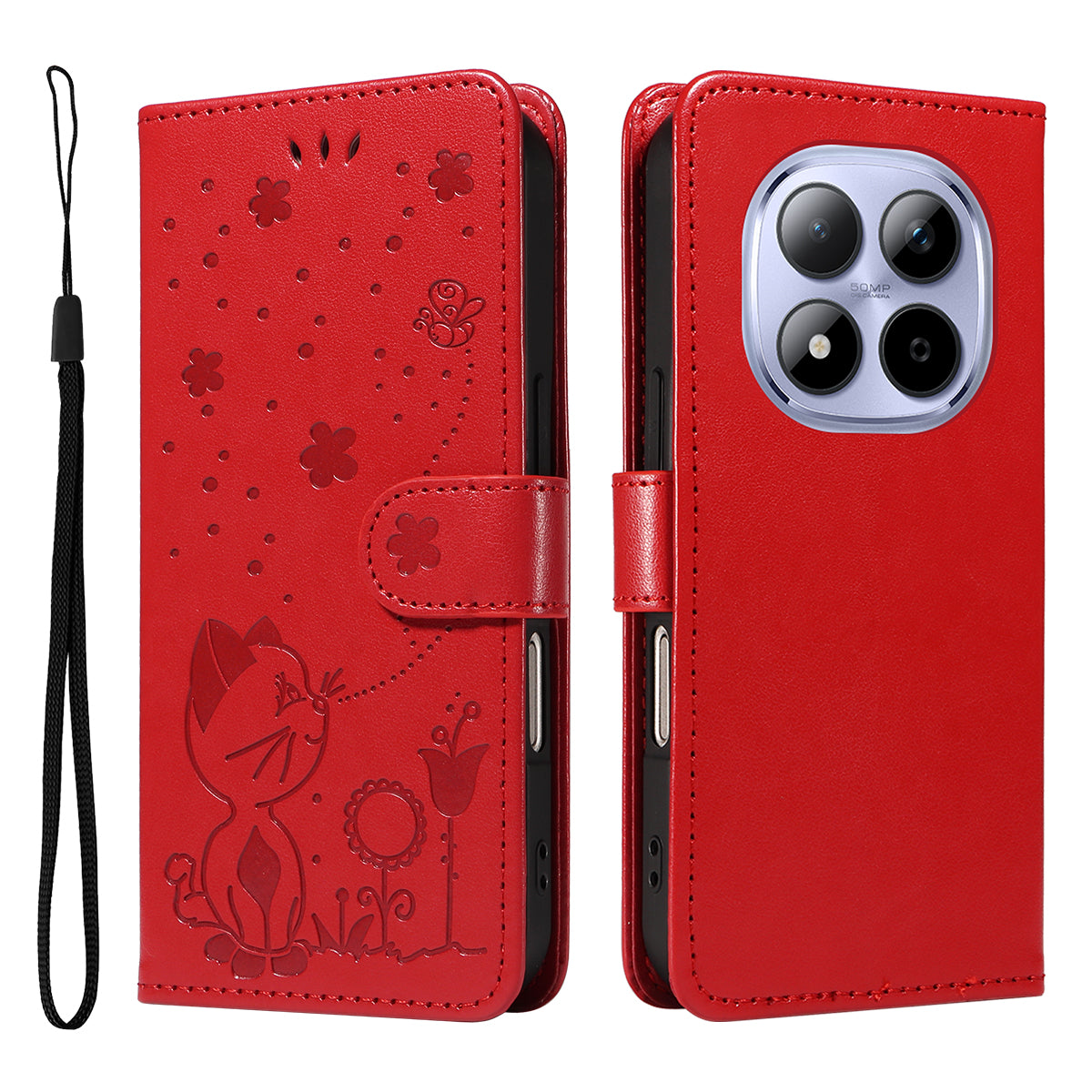 For Xiaomi Redmi Note 15 Pro 5G (Global) Leather Wallet Case Cat Bee Pattern Phone Cover Stand - Red