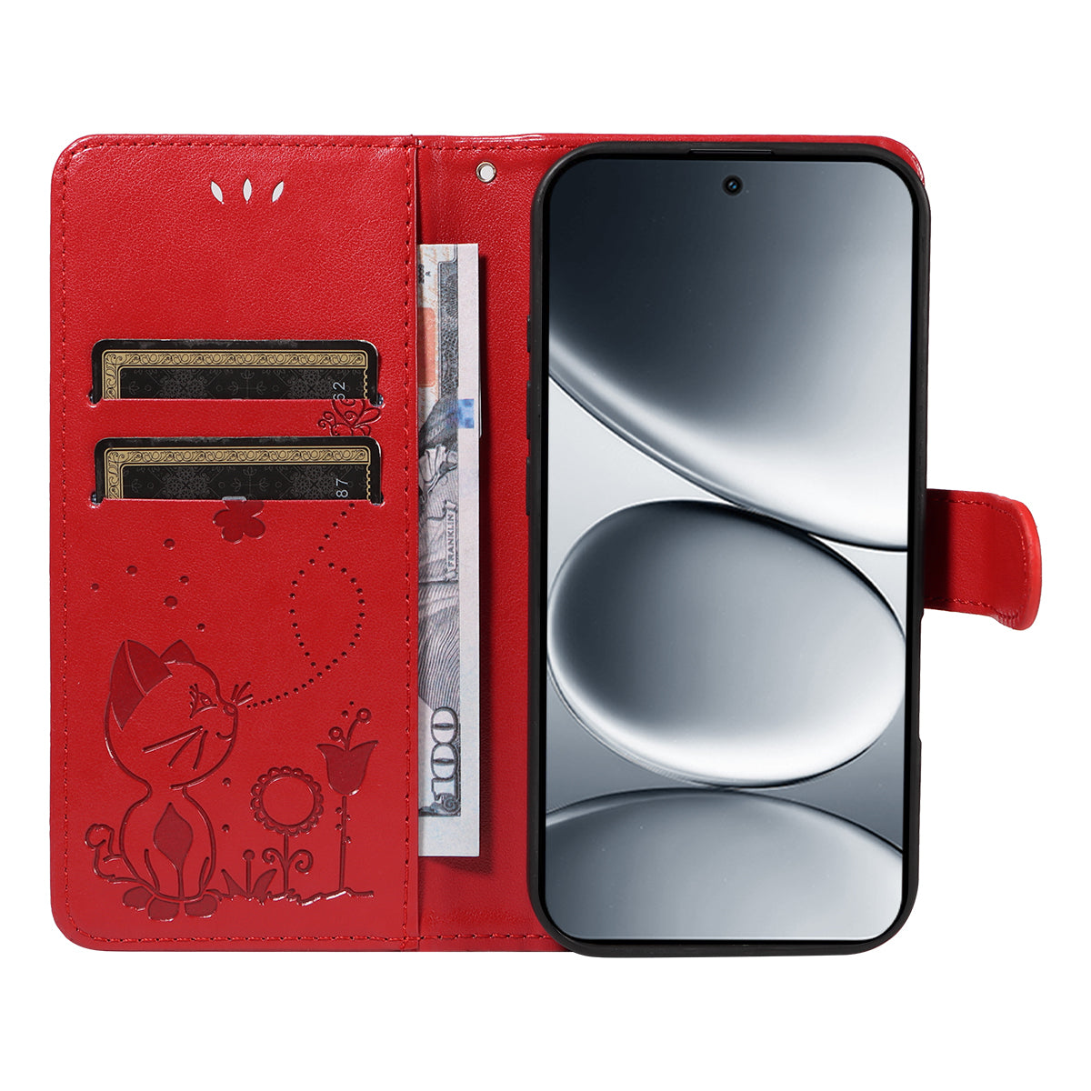 For Xiaomi Redmi Note 15 Pro 5G (Global) Leather Wallet Case Cat Bee Pattern Phone Cover Stand - Red