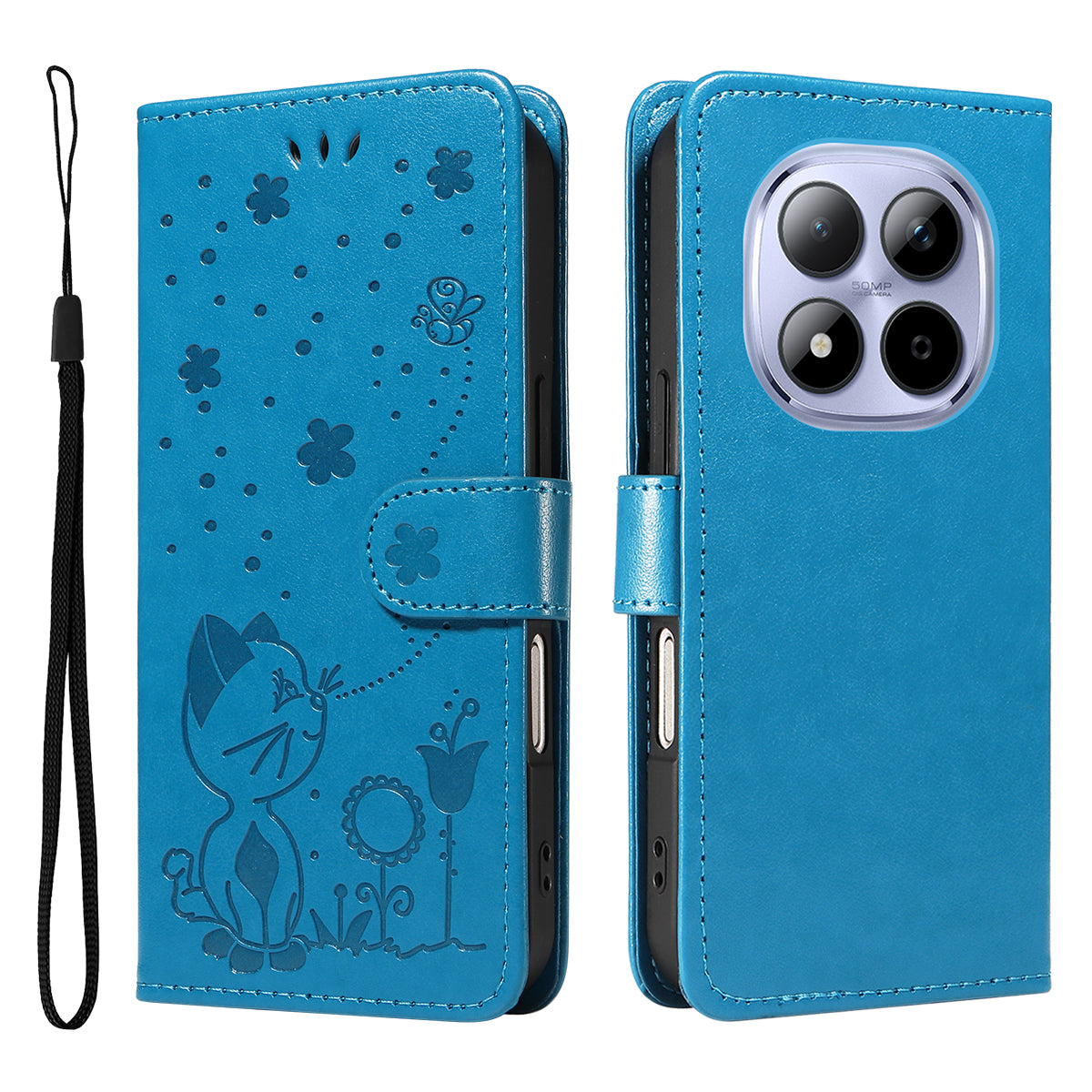 For Xiaomi Redmi Note 15 Pro 5G (Global) Leather Wallet Case Cat Bee Pattern Phone Cover Stand - Blue