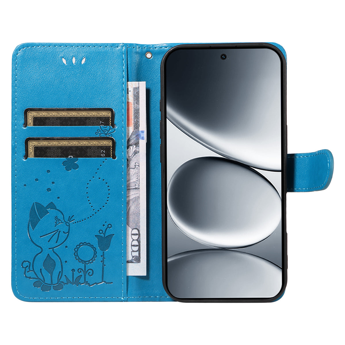 For Xiaomi Redmi Note 15 Pro 5G (Global) Leather Wallet Case Cat Bee Pattern Phone Cover Stand - Blue