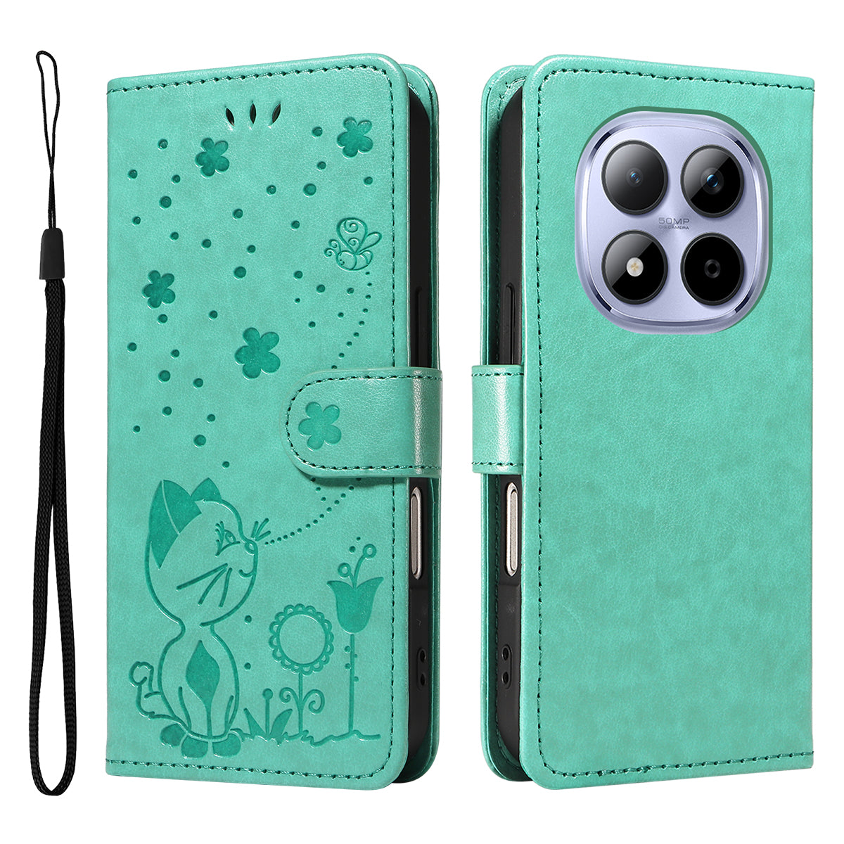For Xiaomi Redmi Note 15 Pro 5G (Global) Leather Wallet Case Cat Bee Pattern Phone Cover Stand - Green