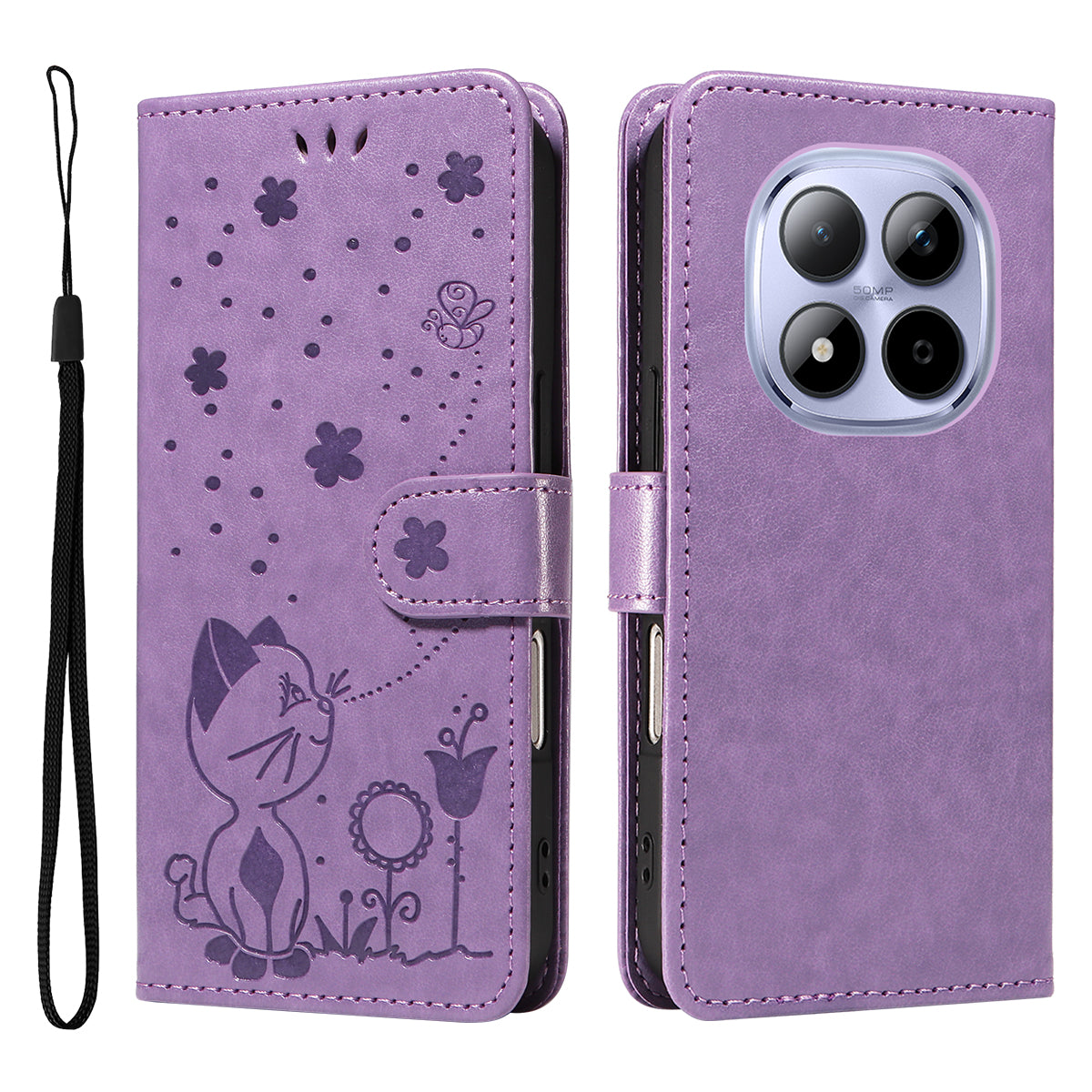 For Xiaomi Redmi Note 15 Pro 5G (Global) Leather Wallet Case Cat Bee Pattern Phone Cover Stand - Purple