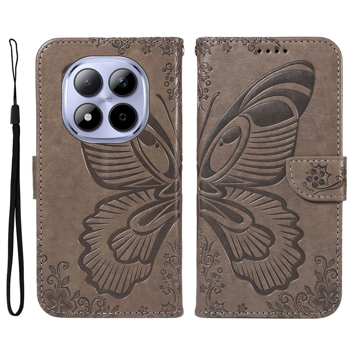 For Xiaomi Redmi Note 15 Pro 5G (Global) Case Butterfly Pattern PU Leather Folio Flip Phone Cover - Grey