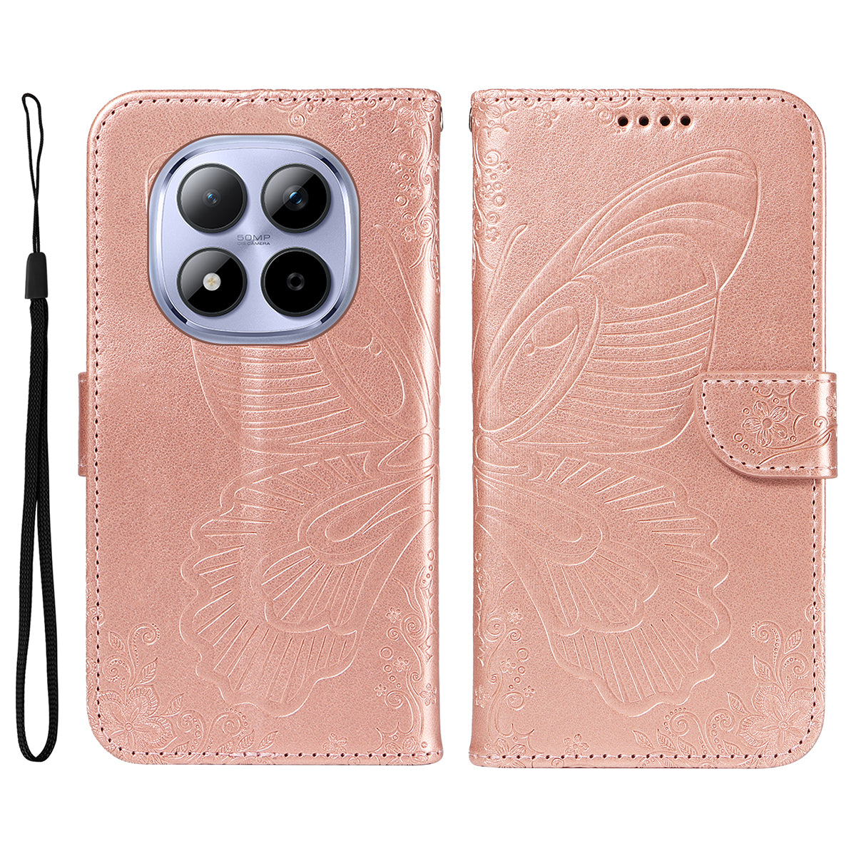 For Xiaomi Redmi Note 15 Pro 5G (Global) Case Butterfly Pattern PU Leather Folio Flip Phone Cover -  Rose Gold