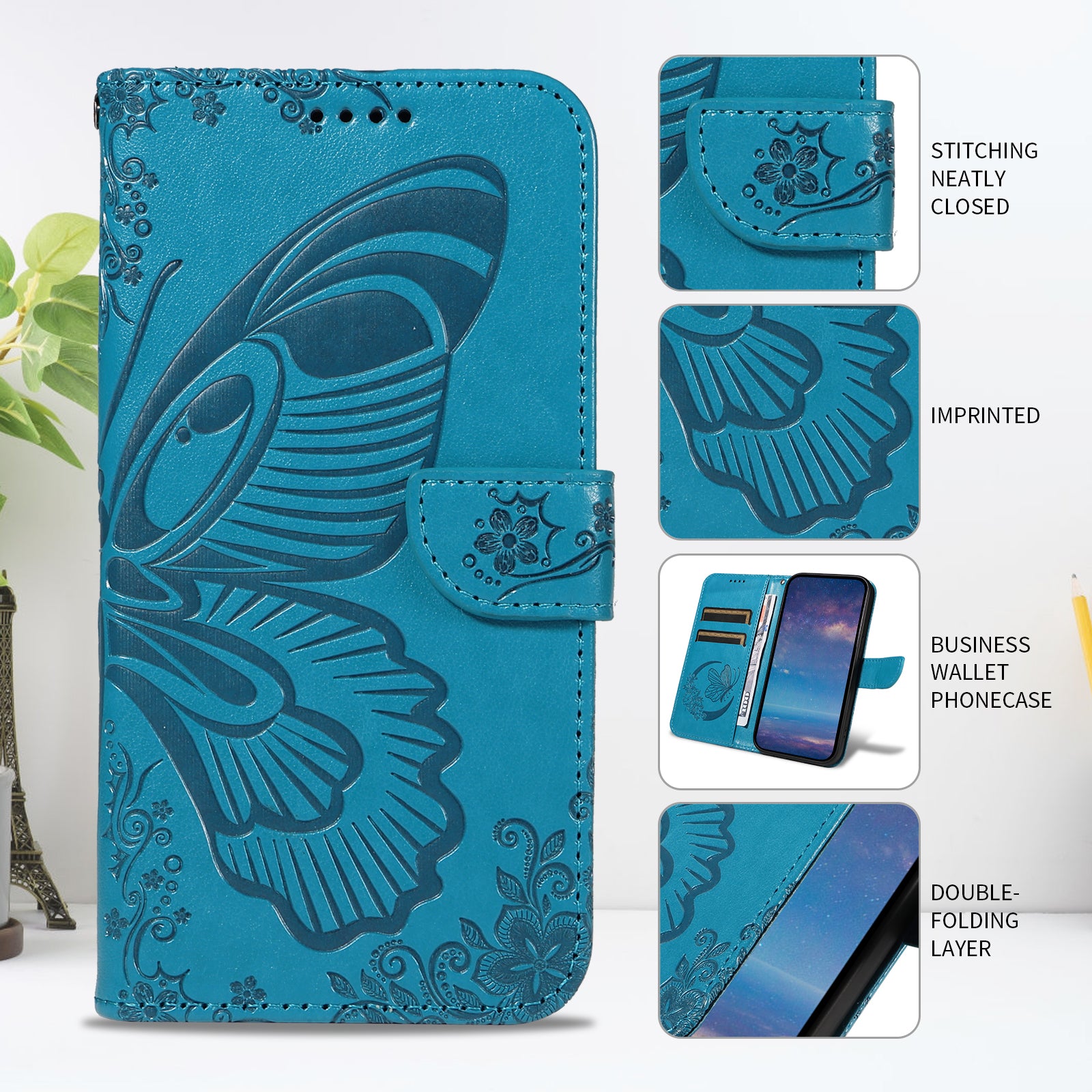 For Xiaomi Poco M8 Pro 5G / Redmi Note 15 Pro+ 5G (Global) Case Butterfly Pattern PU Leather Folio Flip Phone Cover -  Blue