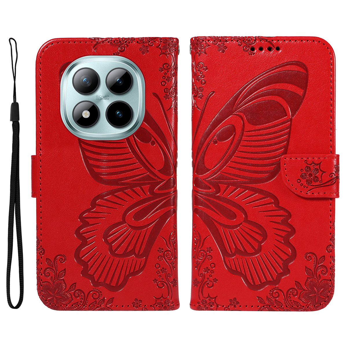 For Xiaomi Poco M8 Pro 5G / Redmi Note 15 Pro+ 5G (Global) Case Butterfly Pattern PU Leather Folio Flip Phone Cover -  Red
