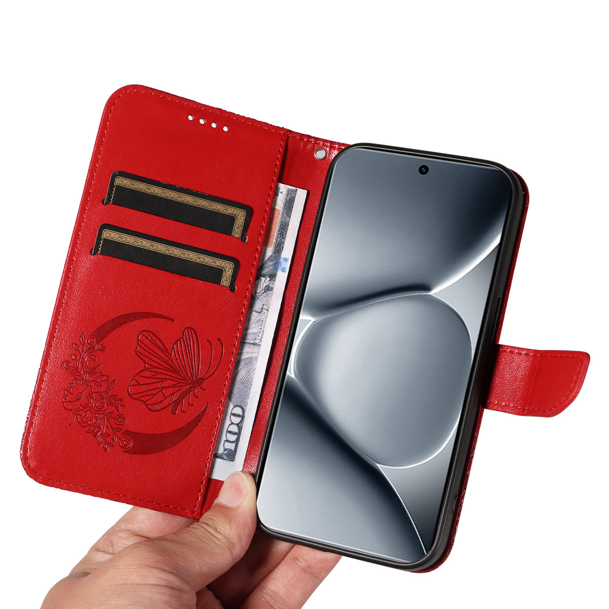 For Xiaomi Poco M8 Pro 5G / Redmi Note 15 Pro+ 5G (Global) Case Butterfly Pattern PU Leather Folio Flip Phone Cover -  Red
