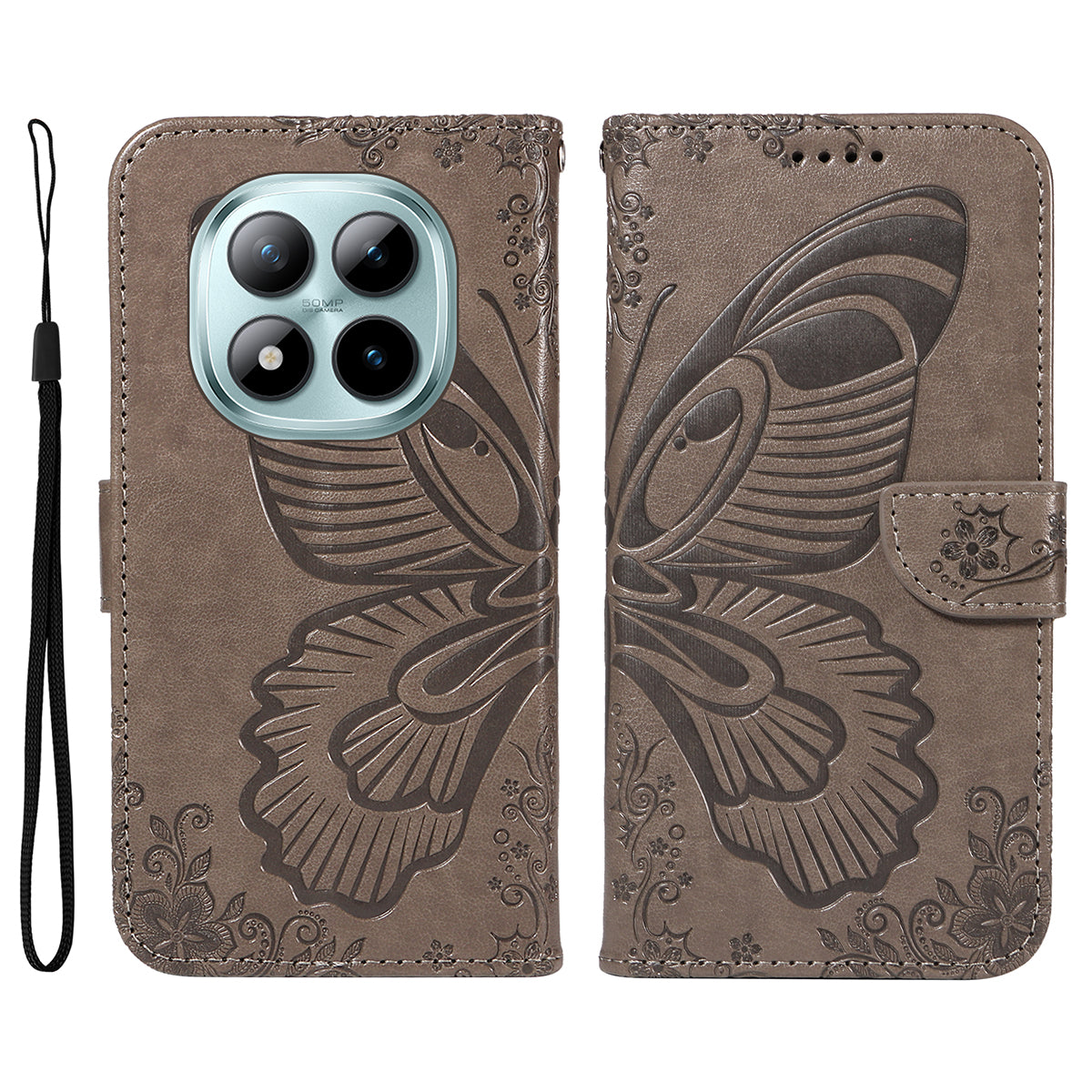 For Xiaomi Poco M8 Pro 5G / Redmi Note 15 Pro+ 5G (Global) Case Butterfly Pattern PU Leather Folio Flip Phone Cover - Grey
