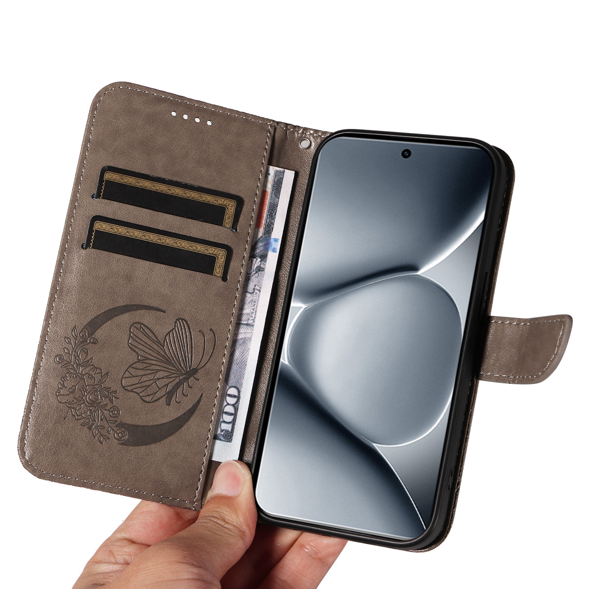 For Xiaomi Poco M8 Pro 5G / Redmi Note 15 Pro+ 5G (Global) Case Butterfly Pattern PU Leather Folio Flip Phone Cover - Grey