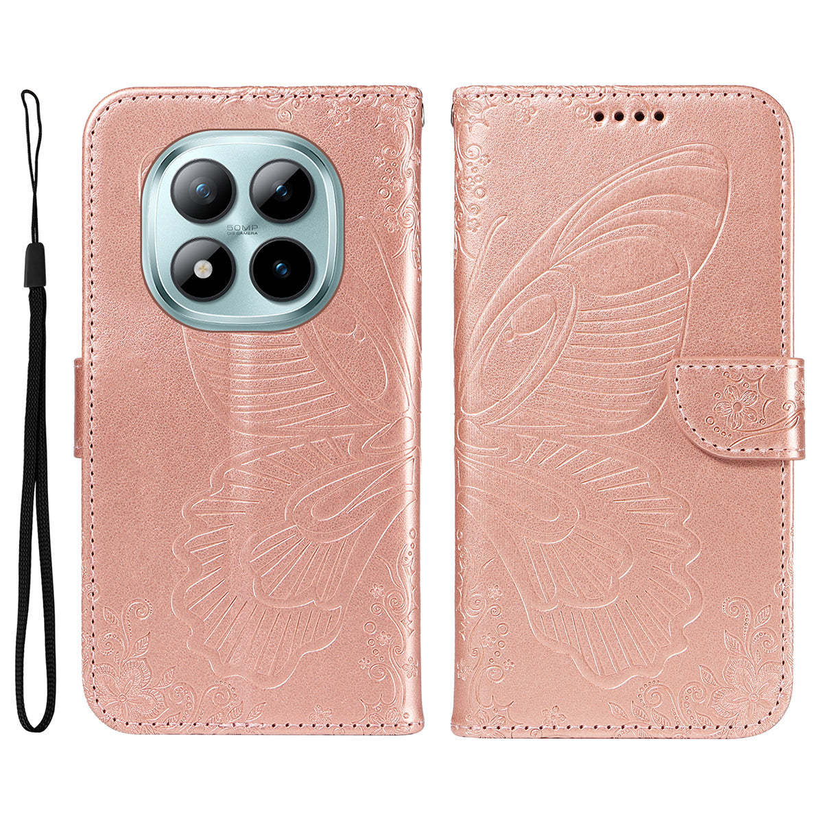 For Xiaomi Poco M8 Pro 5G / Redmi Note 15 Pro+ 5G (Global) Case Butterfly Pattern PU Leather Folio Flip Phone Cover -  Rose Gold