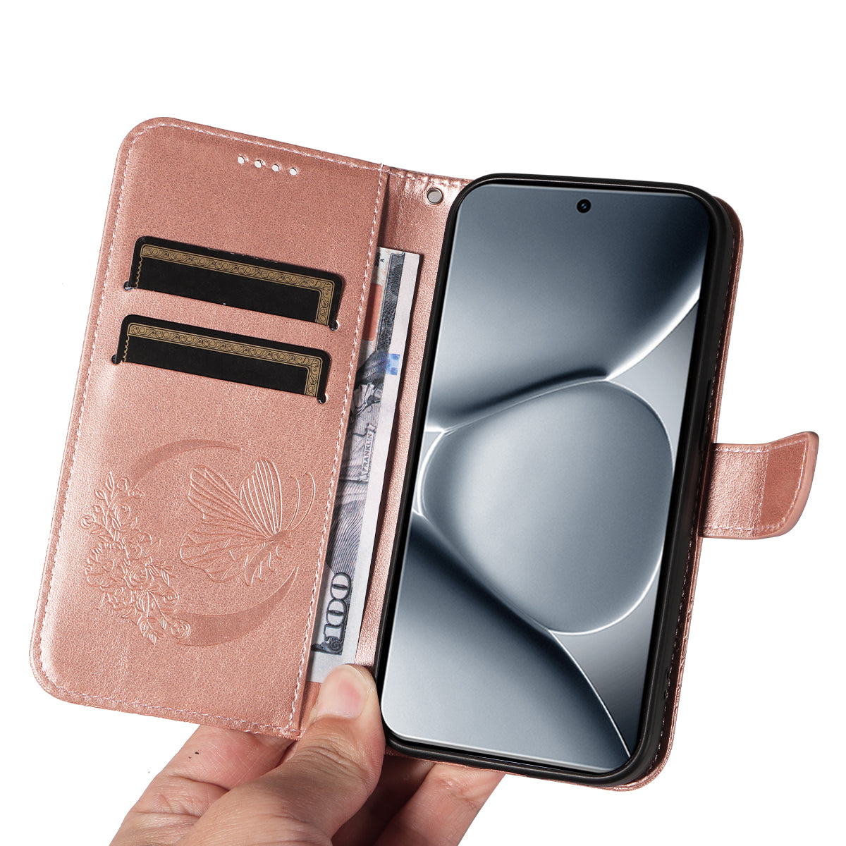For Xiaomi Poco M8 Pro 5G / Redmi Note 15 Pro+ 5G (Global) Case Butterfly Pattern PU Leather Folio Flip Phone Cover -  Rose Gold