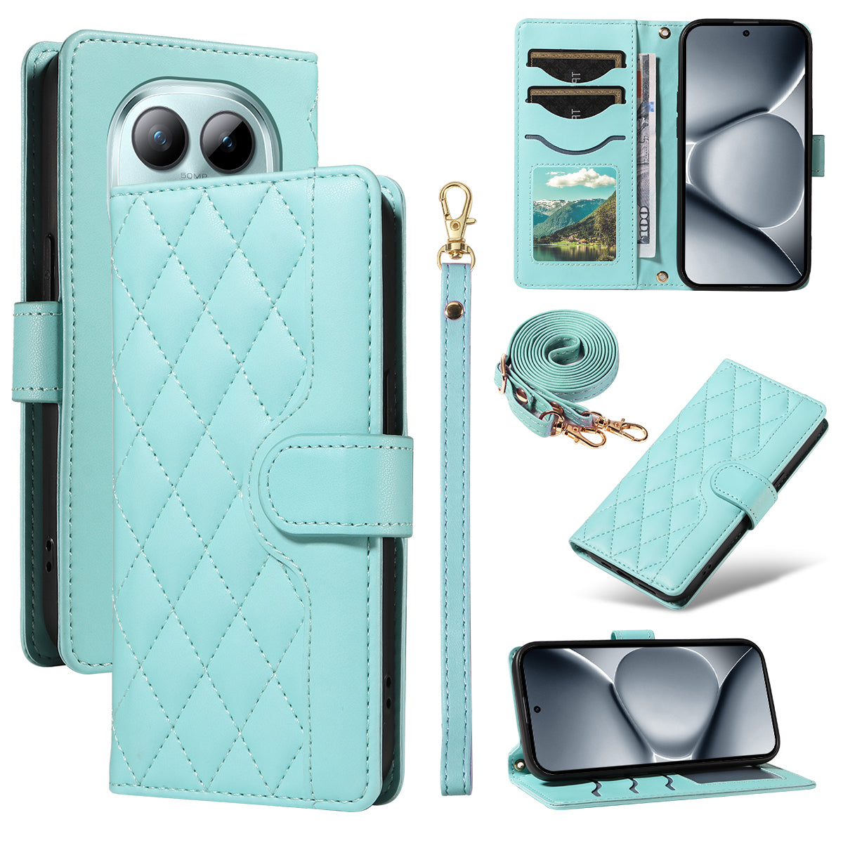 For Xiaomi Poco M8 Pro 5G / Redmi Note 15 Pro+ 5G (Global) Wallet Case Rhombus Leather Phone Cover with Strap - Green