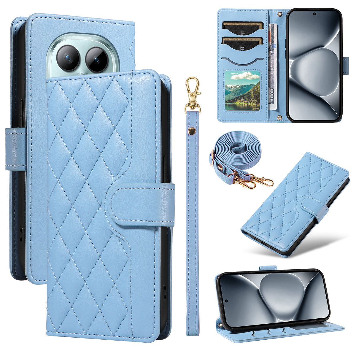 For Xiaomi Poco M8 Pro 5G / Redmi Note 15 Pro+ 5G (Global) Wallet Case Rhombus Leather Phone Cover with Strap - Blue
