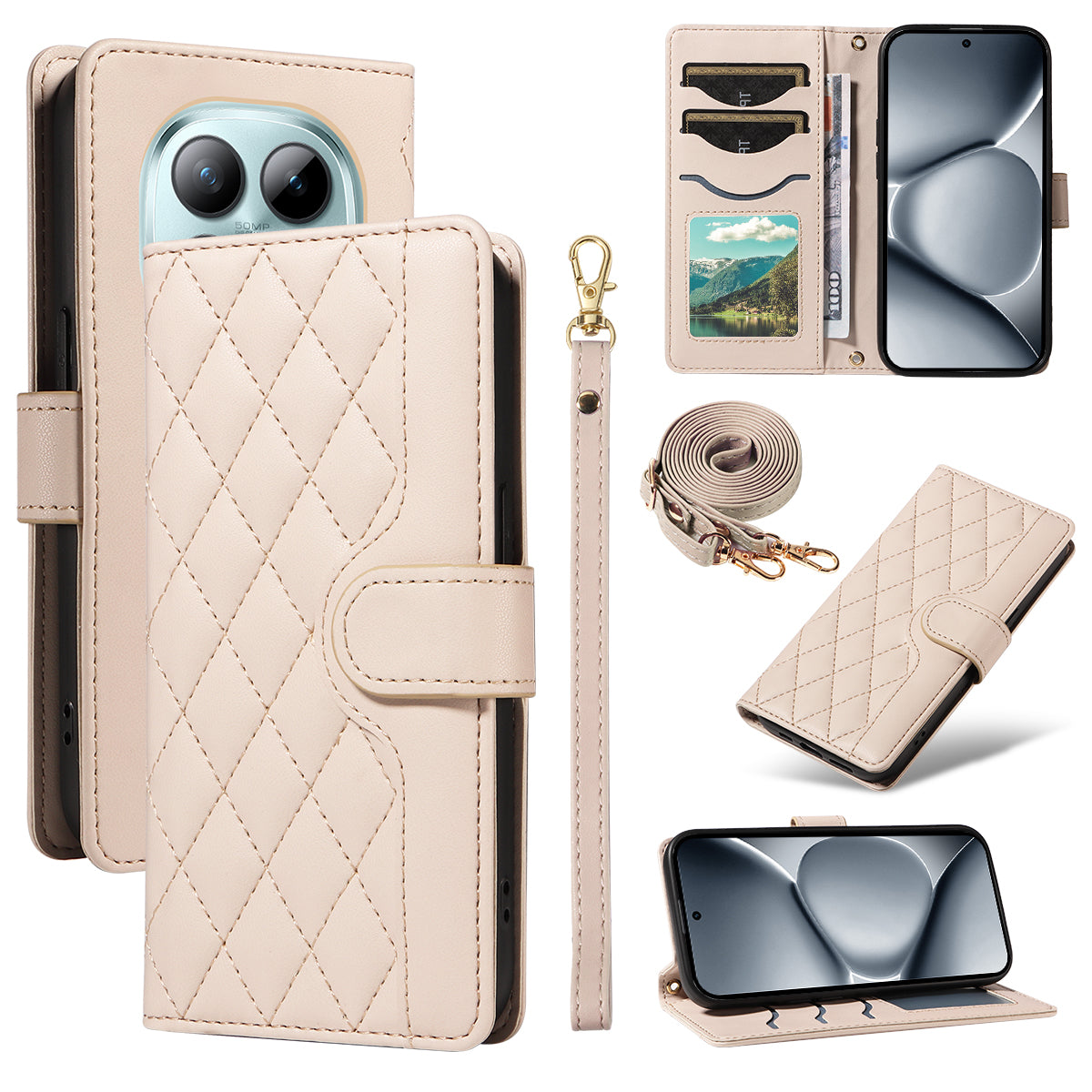 For Xiaomi Poco M8 Pro 5G / Redmi Note 15 Pro+ 5G (Global) Wallet Case Rhombus Leather Phone Cover with Strap - Apricot