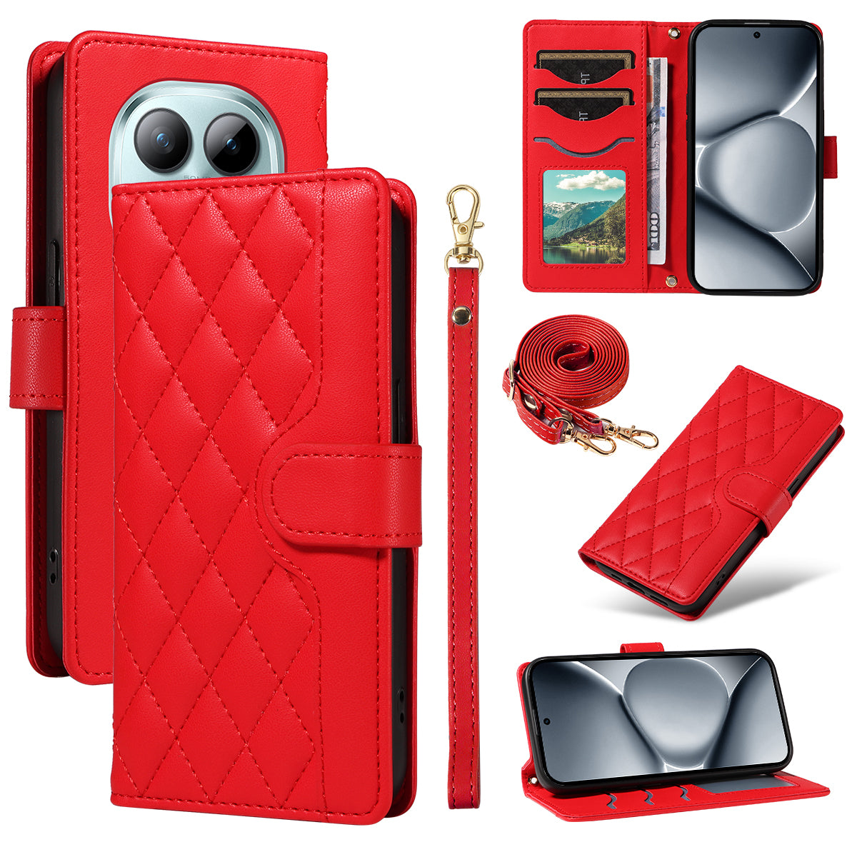 For Xiaomi Poco M8 Pro 5G / Redmi Note 15 Pro+ 5G (Global) Wallet Case Rhombus Leather Phone Cover with Strap -  Red