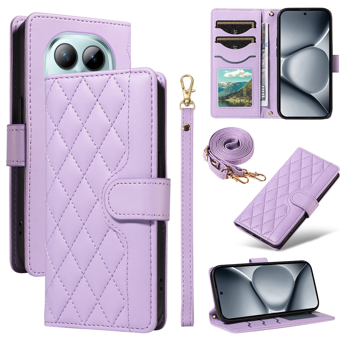 For Xiaomi Poco M8 Pro 5G / Redmi Note 15 Pro+ 5G (Global) Wallet Case Rhombus Leather Phone Cover with Strap -  Light Purple