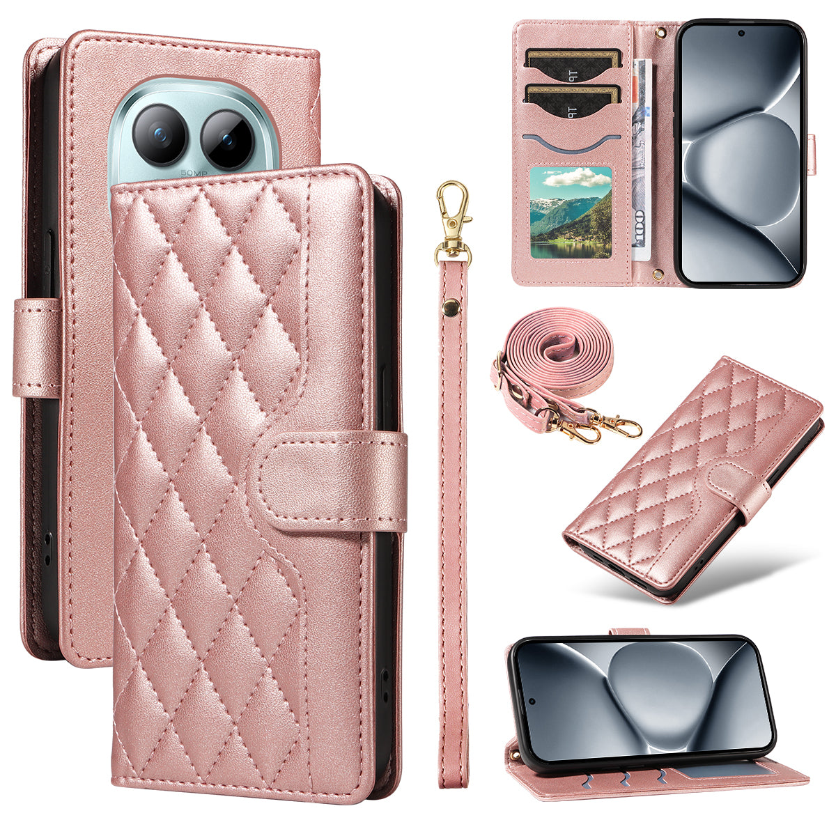 For Xiaomi Poco M8 Pro 5G / Redmi Note 15 Pro+ 5G (Global) Wallet Case Rhombus Leather Phone Cover with Strap -  Rose Gold