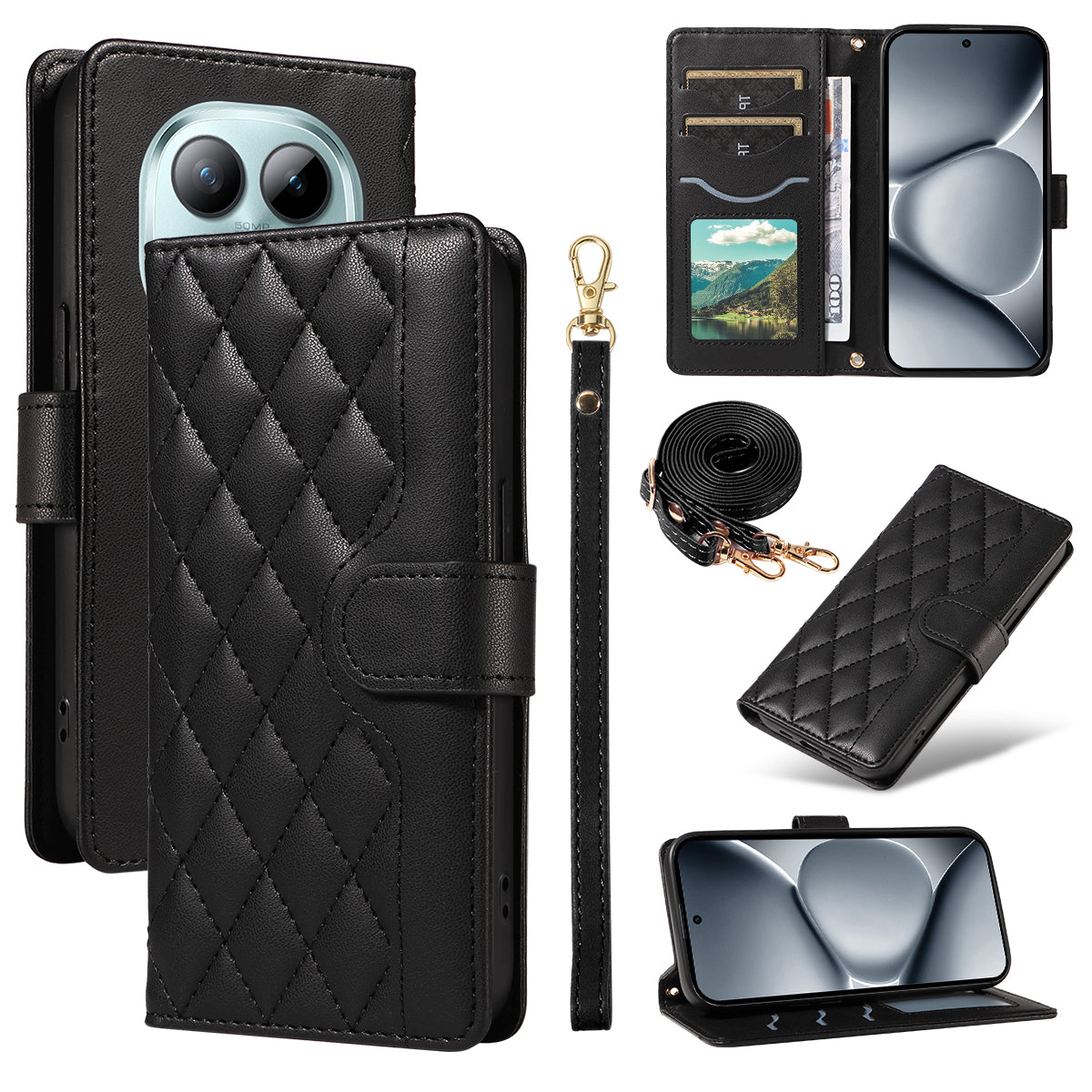 For Xiaomi Poco M8 Pro 5G / Redmi Note 15 Pro+ 5G (Global) Wallet Case Rhombus Leather Phone Cover with Strap - Black