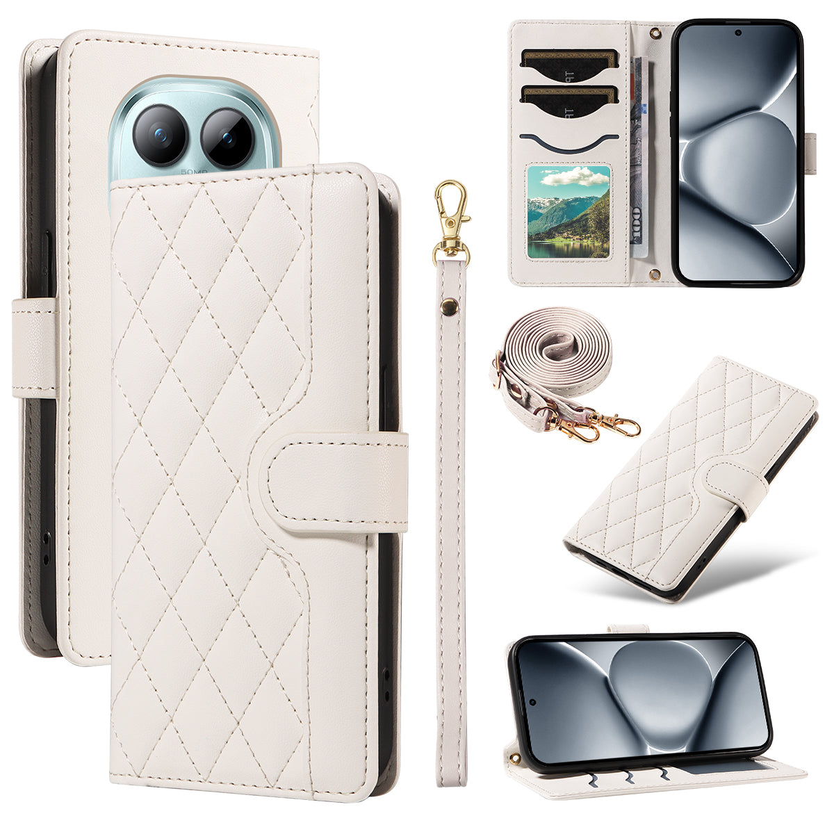 For Xiaomi Poco M8 Pro 5G / Redmi Note 15 Pro+ 5G (Global) Wallet Case Rhombus Leather Phone Cover with Strap - White