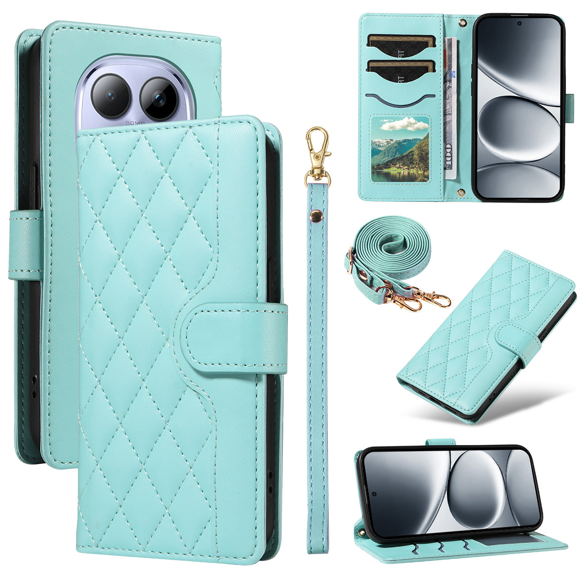 For Xiaomi Redmi Note 15 Pro 5G (Global) Wallet Case Rhombus Leather Phone Cover with Strap - Green