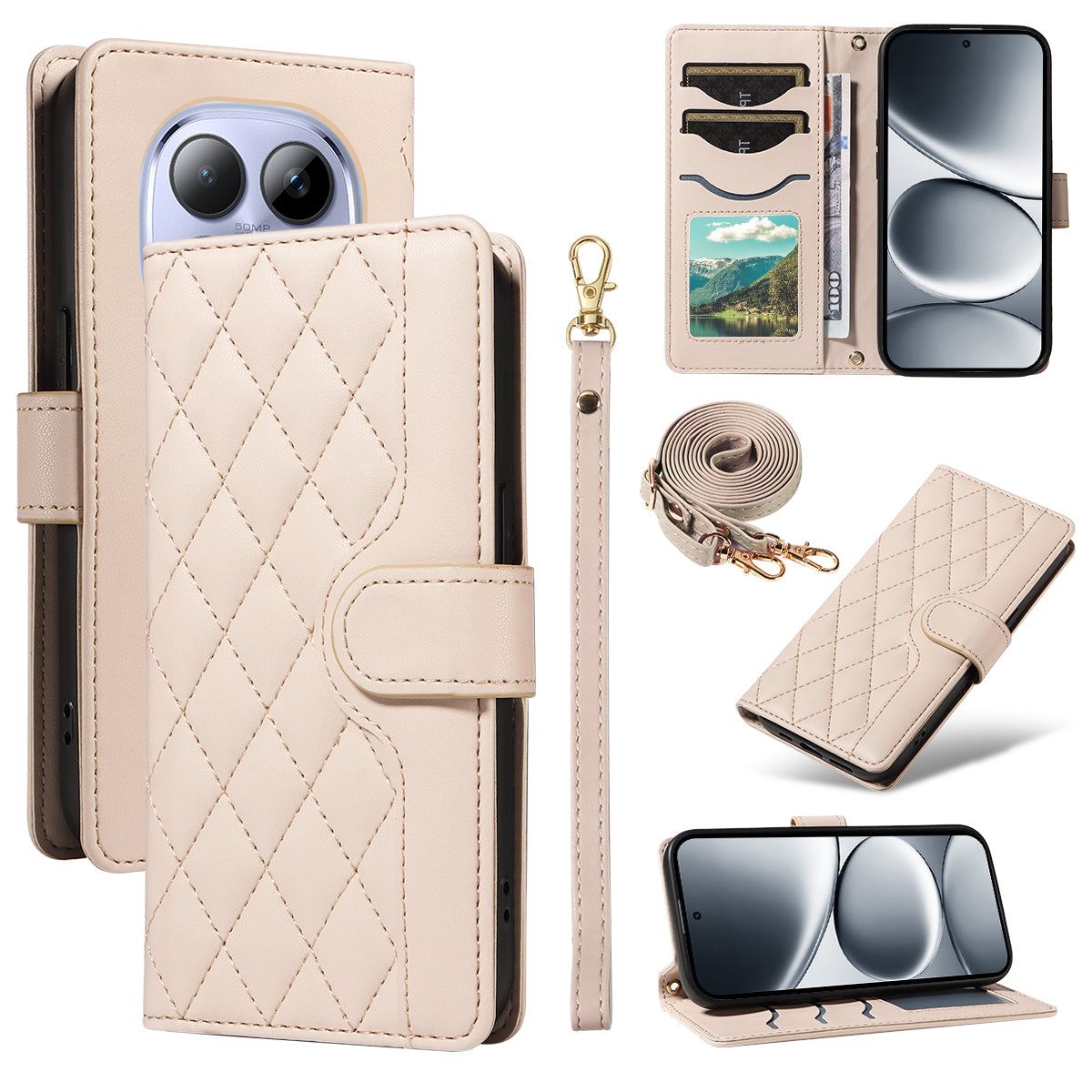For Xiaomi Redmi Note 15 Pro 5G (Global) Wallet Case Rhombus Leather Phone Cover with Strap - Apricot