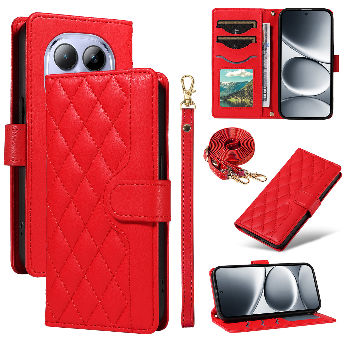 For Xiaomi Redmi Note 15 Pro 5G (Global) Wallet Case Rhombus Leather Phone Cover with Strap -  Red