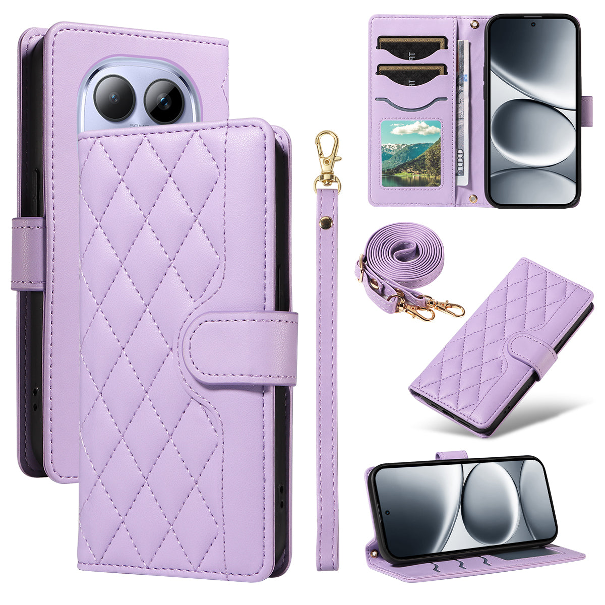 For Xiaomi Redmi Note 15 Pro 5G (Global) Wallet Case Rhombus Leather Phone Cover with Strap -  Light Purple