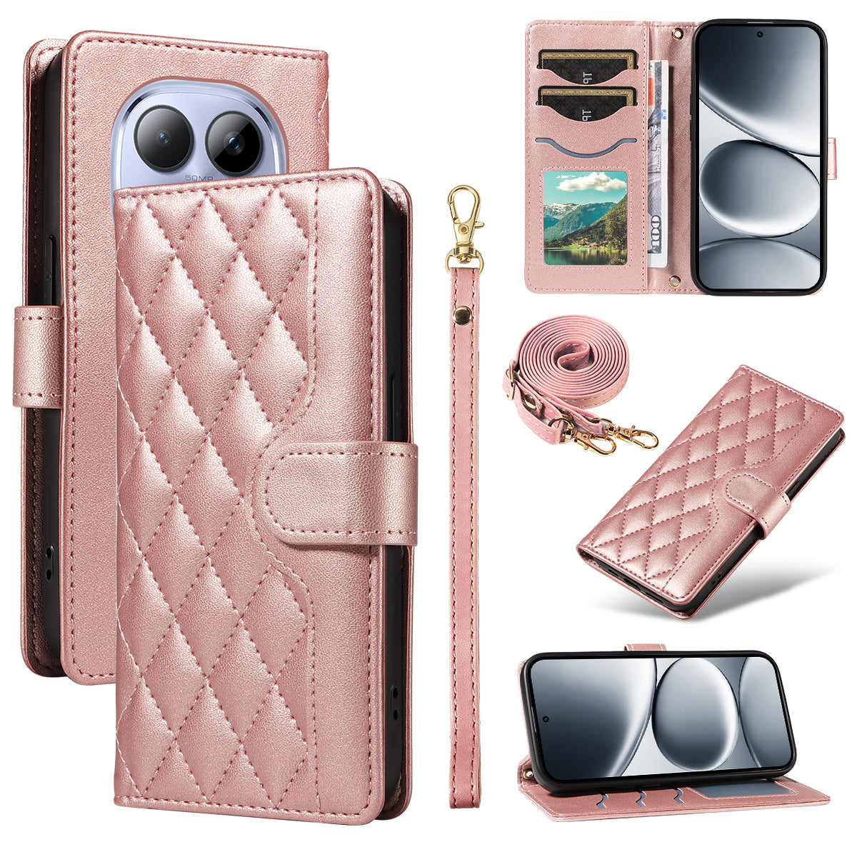 For Xiaomi Redmi Note 15 Pro 5G (Global) Wallet Case Rhombus Leather Phone Cover with Strap -  Rose Gold
