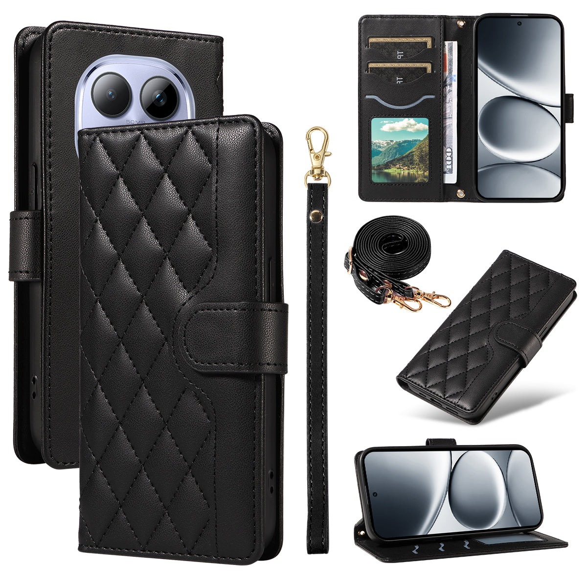 For Xiaomi Redmi Note 15 Pro 5G (Global) Wallet Case Rhombus Leather Phone Cover with Strap - Black
