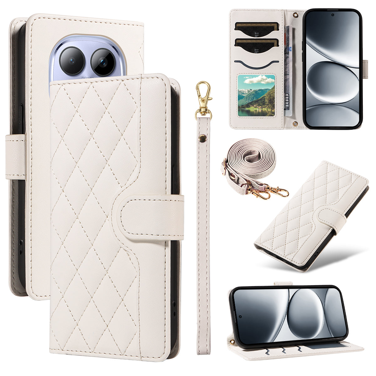 For Xiaomi Redmi Note 15 Pro 5G (Global) Wallet Case Rhombus Leather Phone Cover with Strap - White