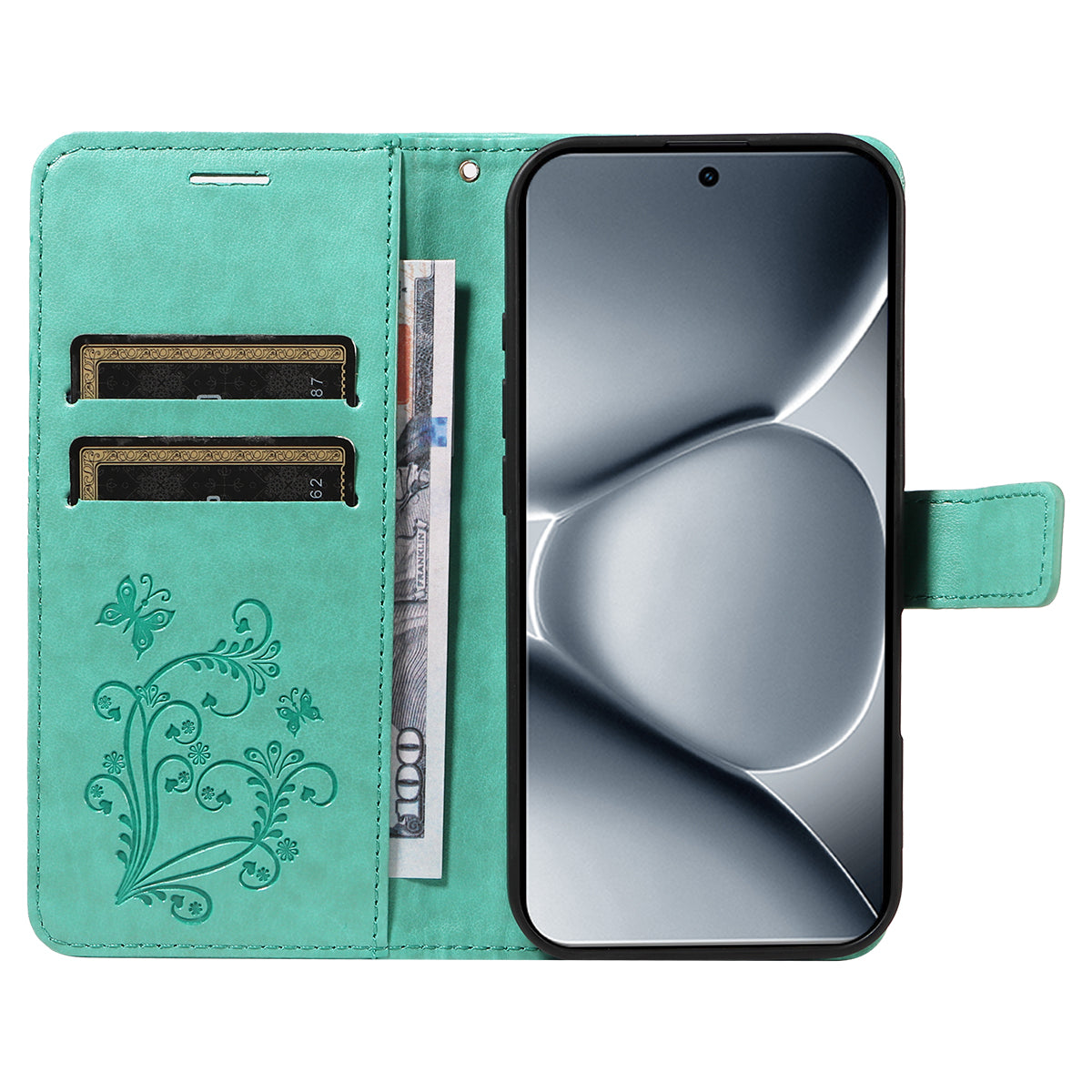 For Xiaomi Poco M8 Pro 5G / Redmi Note 15 Pro+ 5G (Global) Wallet Case Floral Butterfly Imprinted Leather Phone Cover Stand -  Green