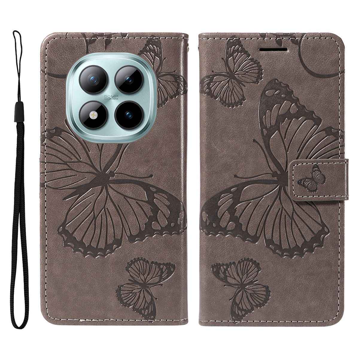 For Xiaomi Poco M8 Pro 5G / Redmi Note 15 Pro+ 5G (Global) Wallet Case Floral Butterfly Imprinted Leather Phone Cover Stand - Grey